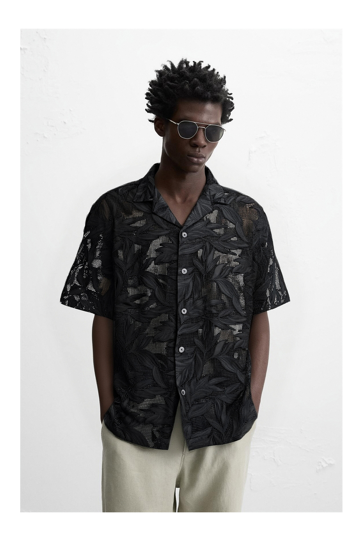 Cuban Collar Short Sleeve Shirt with Leaf Pattern Mesh Lace Fabric