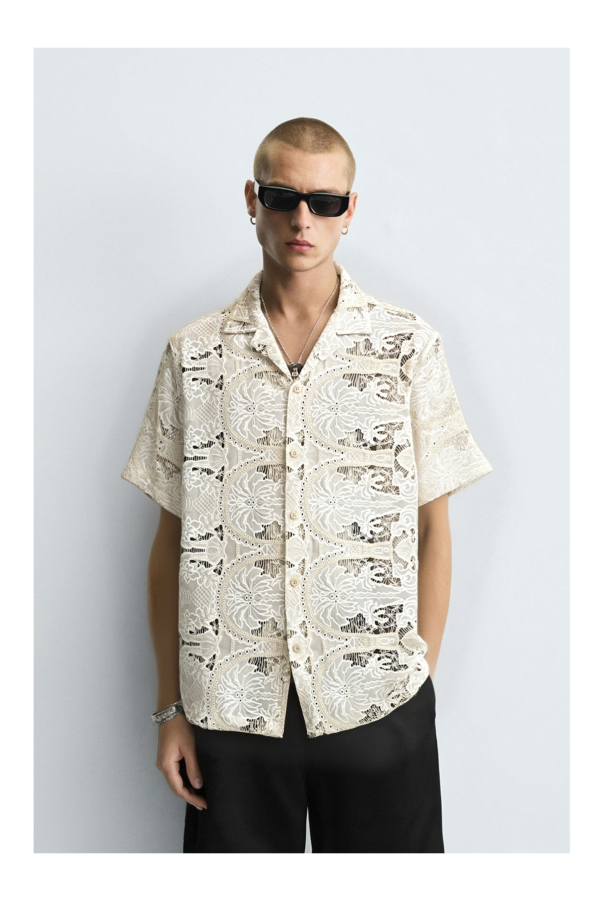 Cuban Collar Short Sleeve Sunflower Pattern Polyester Cotton Lace Shirt