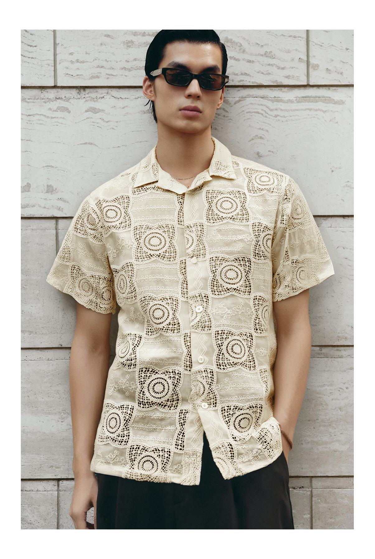 Cuban Collar Short Sleeve Floral Lace Cotton Shirt