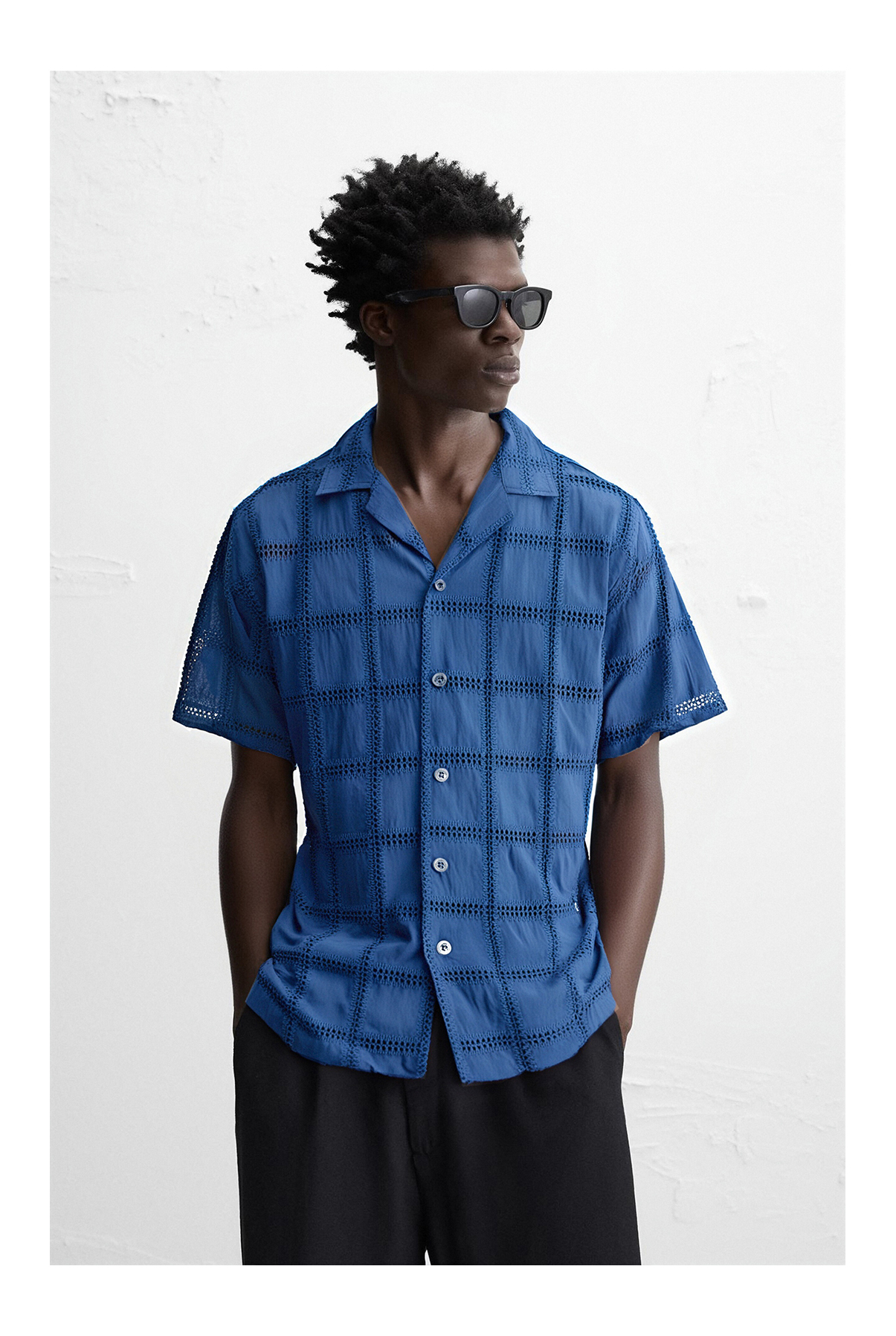 Grid Lace Cotton Cuban Collar Short Sleeve Shirt