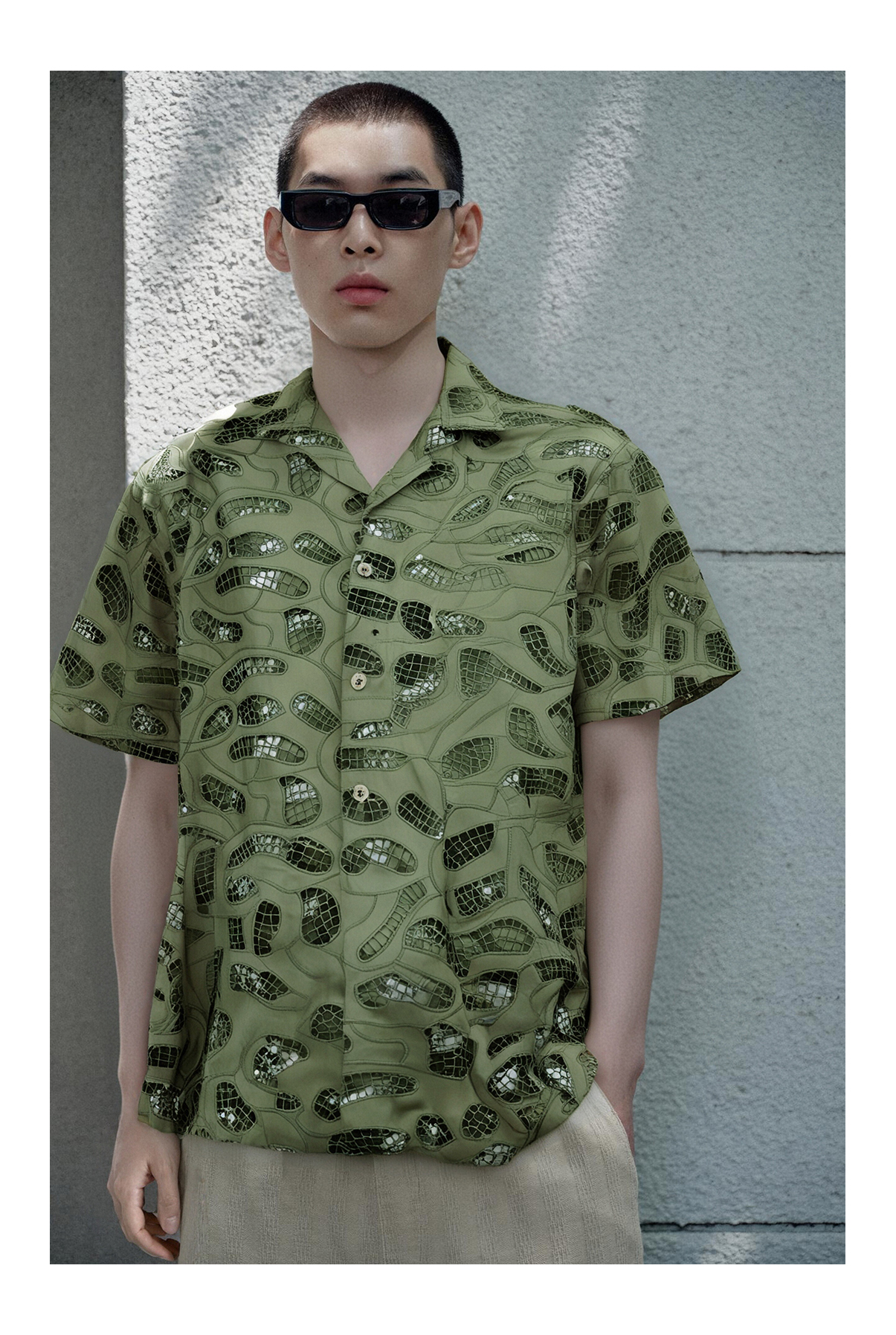 [Copy]Grid Lace Cotton Cuban Collar Short Sleeve Shirt
