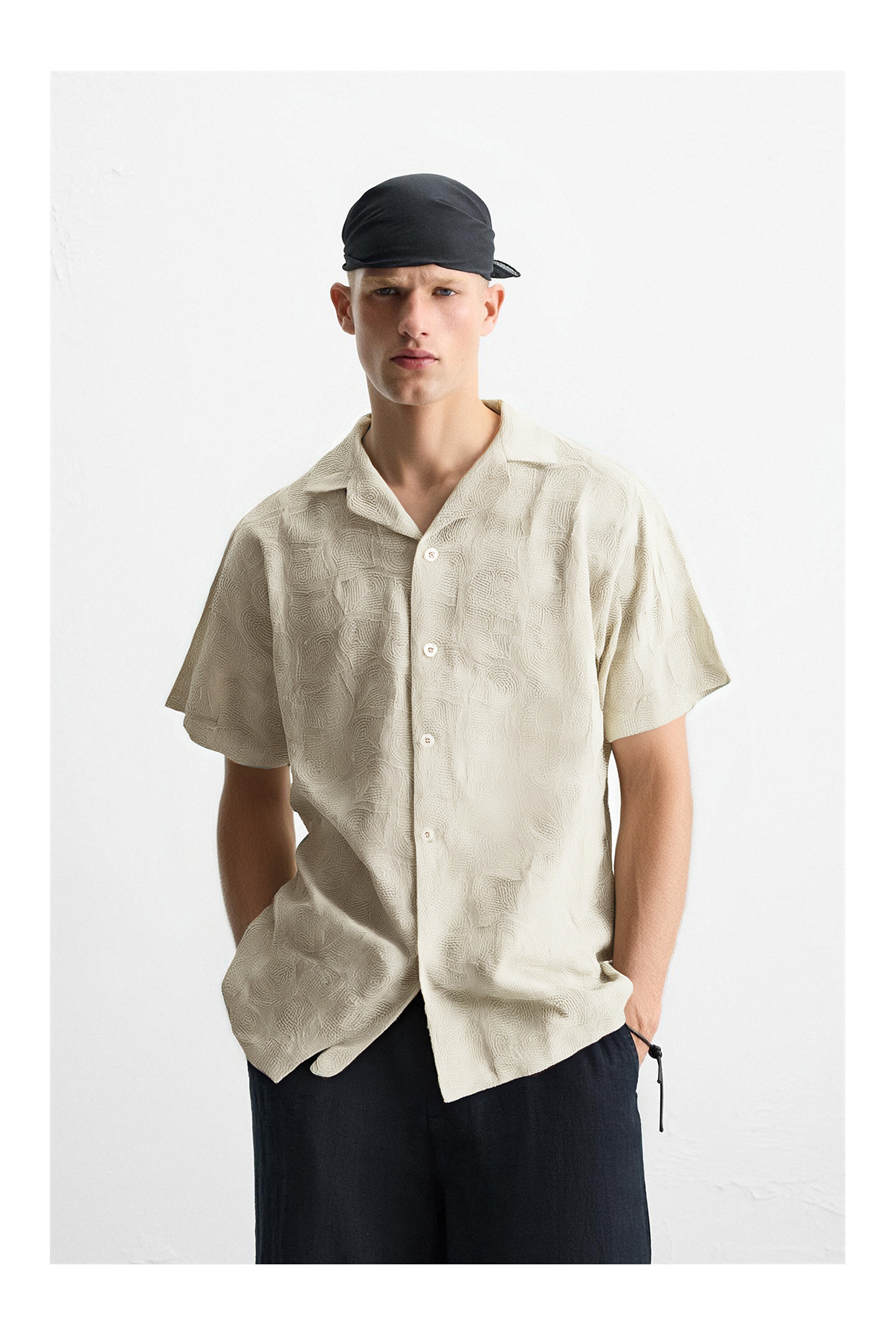 Cuban Collar Short Sleeve Swirl Pattern Linen Blend Shirt