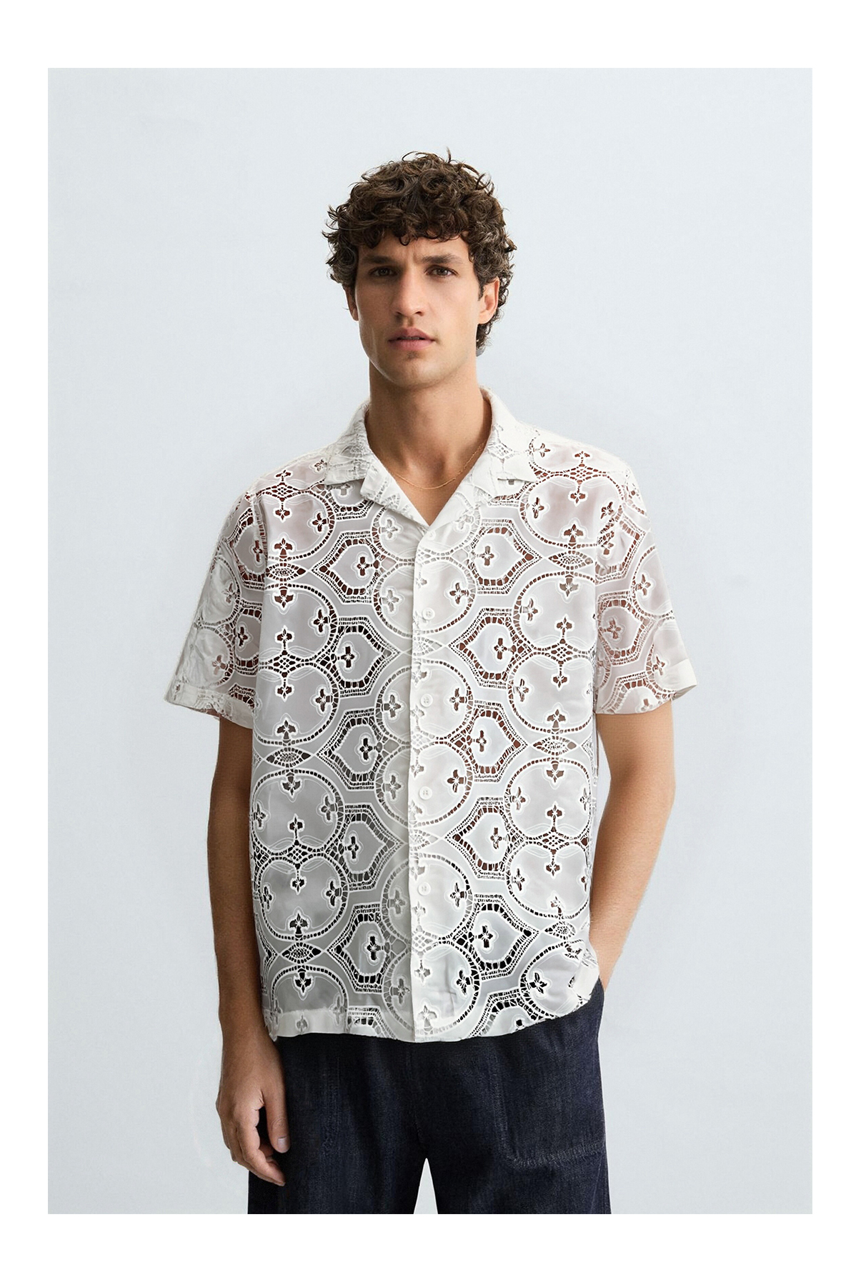 Cuban Collar Short Sleeve Geometric Floral Polyester Lace Shirt