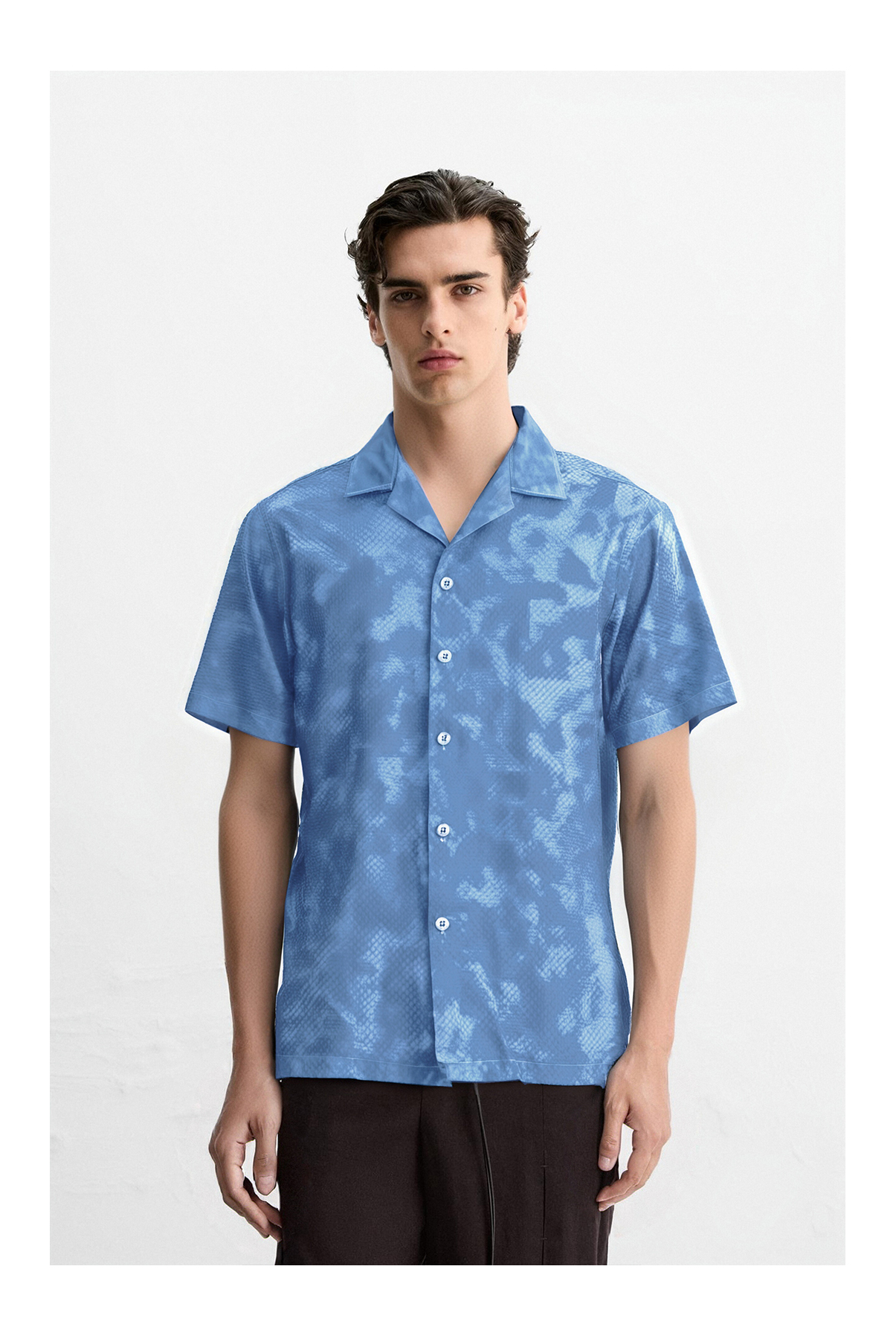 Denim-Effect Speckle Pattern Cuban Collar Short Sleeve Printed Fabric Shirt