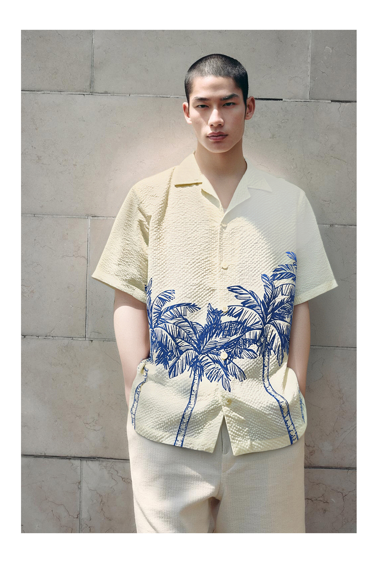 Cuban Collar Short Sleeve Printed Fabric Shirt