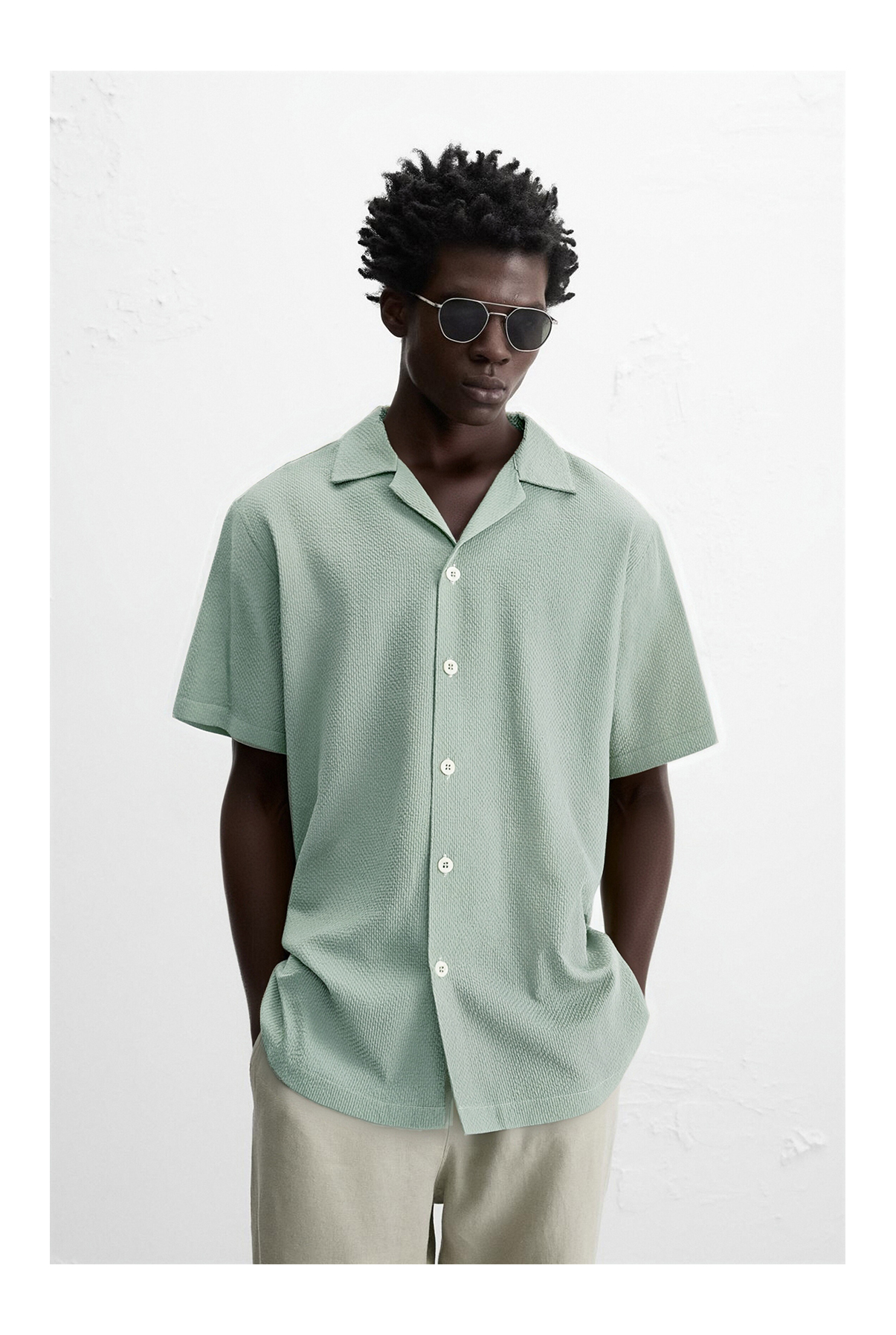Textured Grid Crepe Fabric Cuban Collar Short Sleeve Shirt