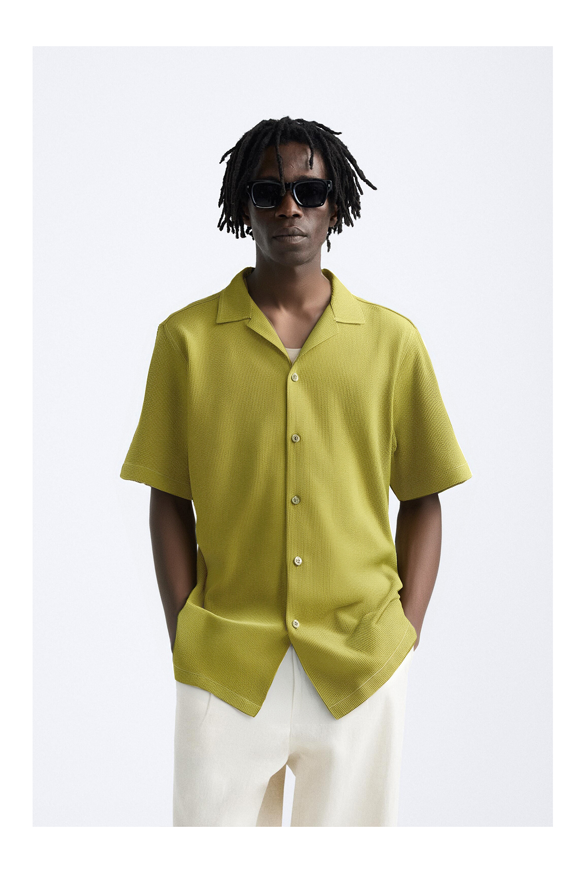 Vibrant Grid Crepe Fabric Cuban Collar Short Sleeve Shirt