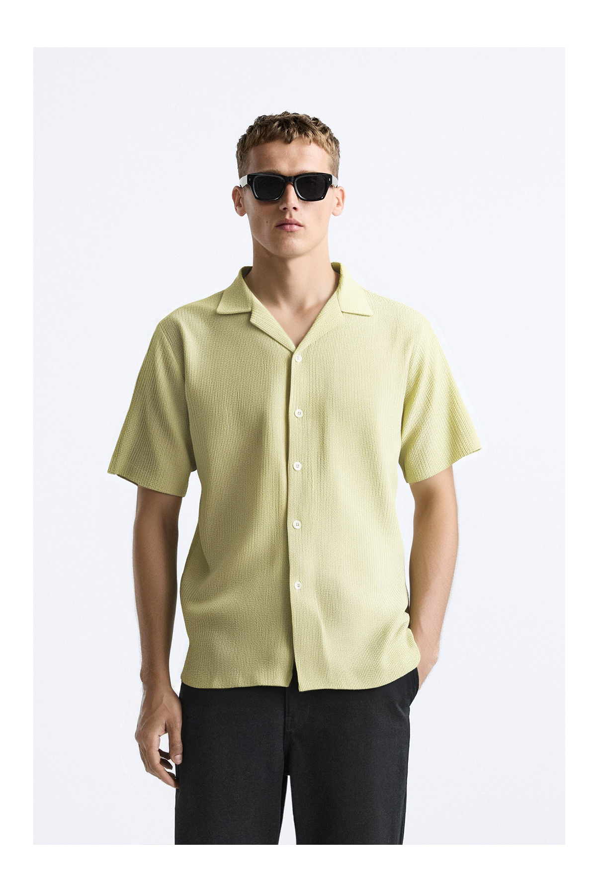 Textured Waffle Crepe Fabric Cuban Collar Short Sleeve Shirt
