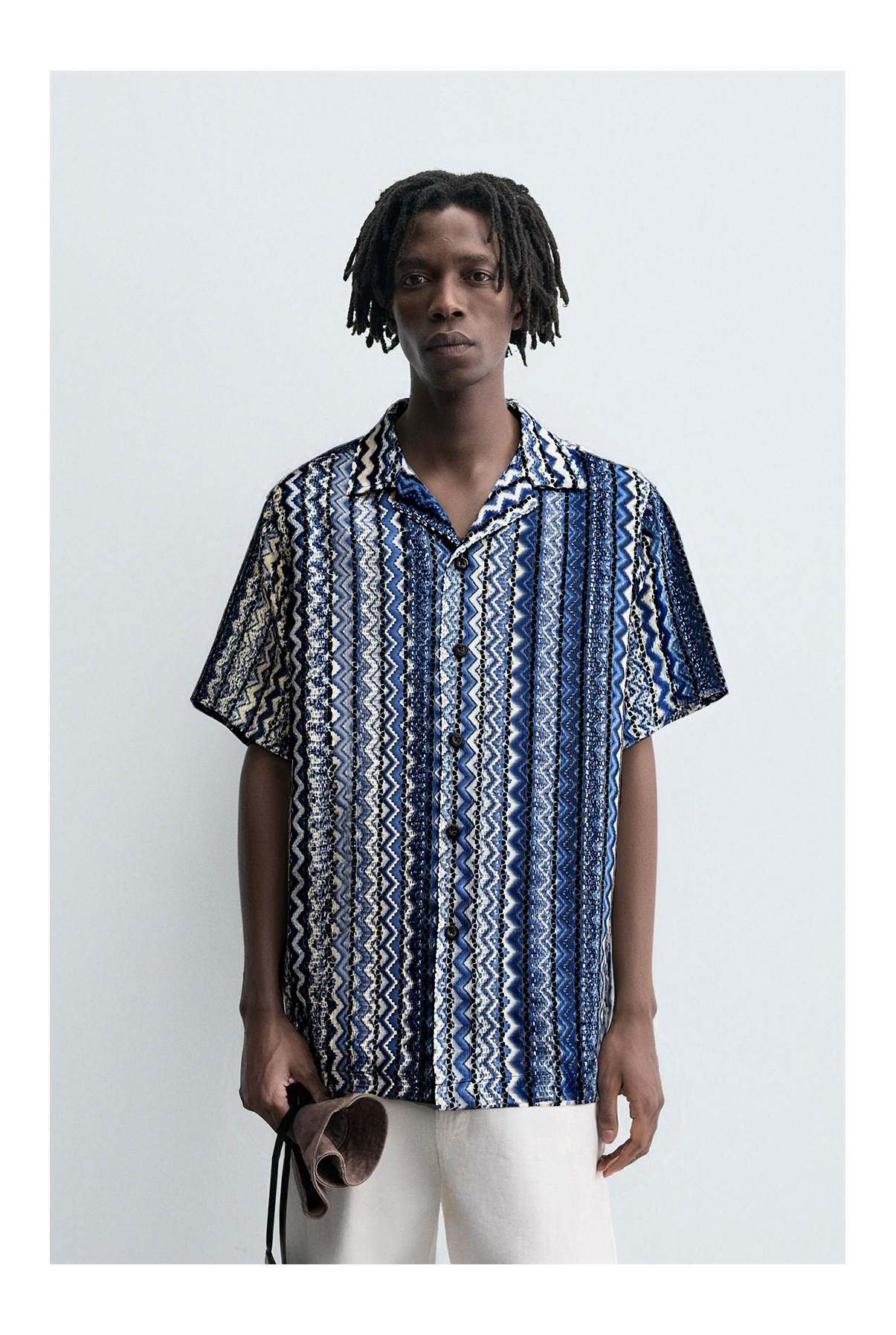 Washed Zigzag Vertical Pattern Cuban Collar Short Sleeve Printed Fabric Shirt