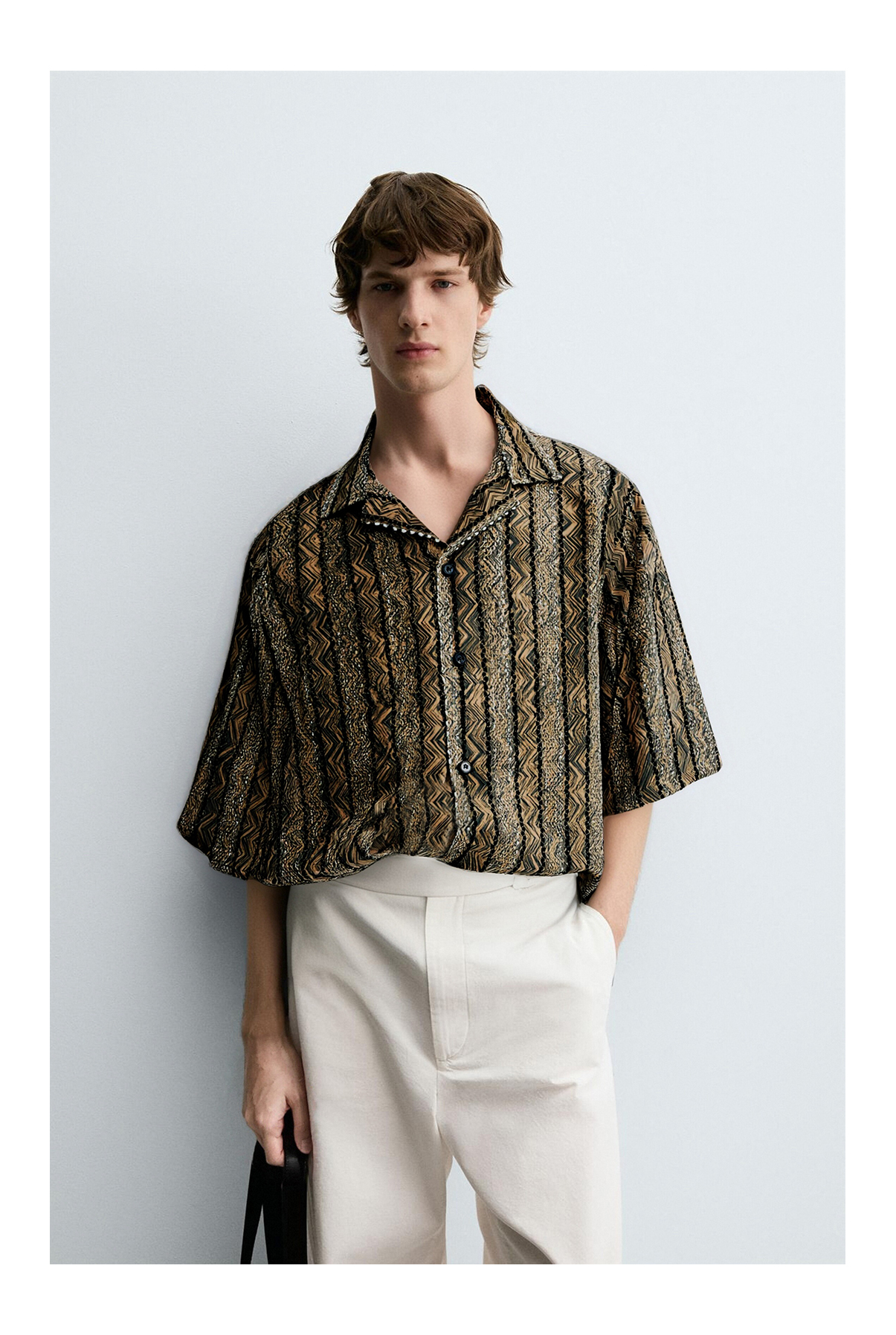 Ethnic Zigzag Vertical Pattern Cuban Collar Short Sleeve Printed Fabric Shirt