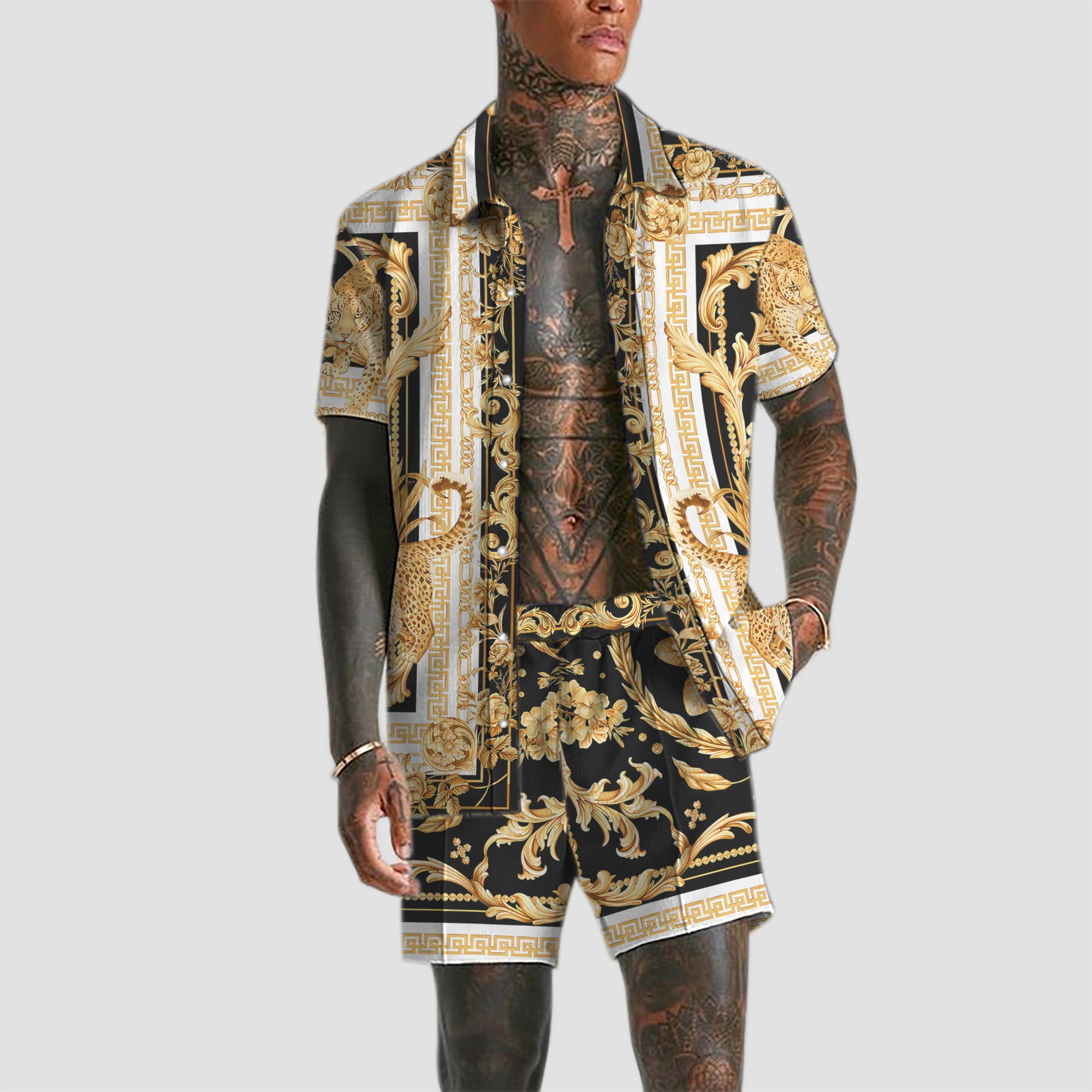 Golden Baroque Pattern Camp Collar Shirt Jonvidesign