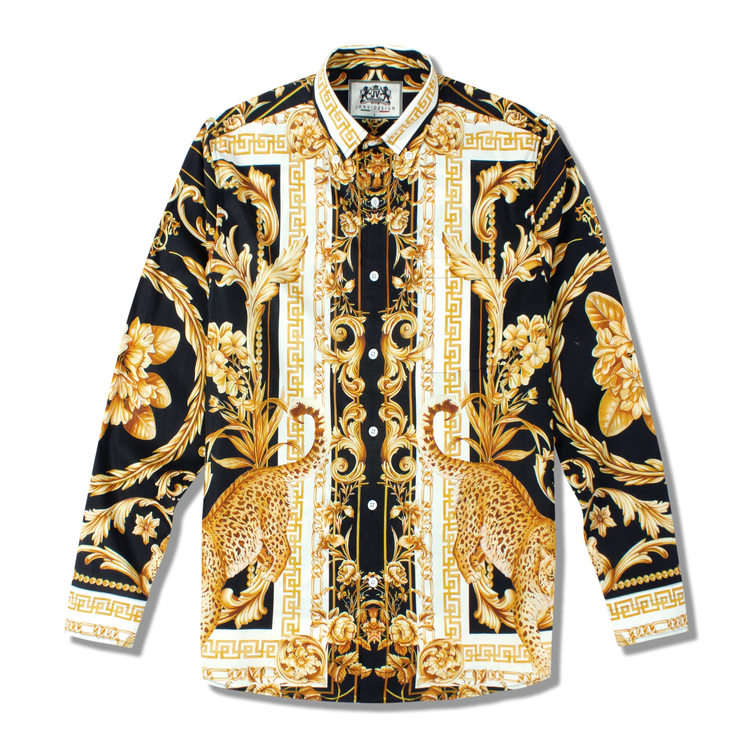 Golden Baroque Pattern Long Sleeve Button Down Casual Shirt Jonvidesign