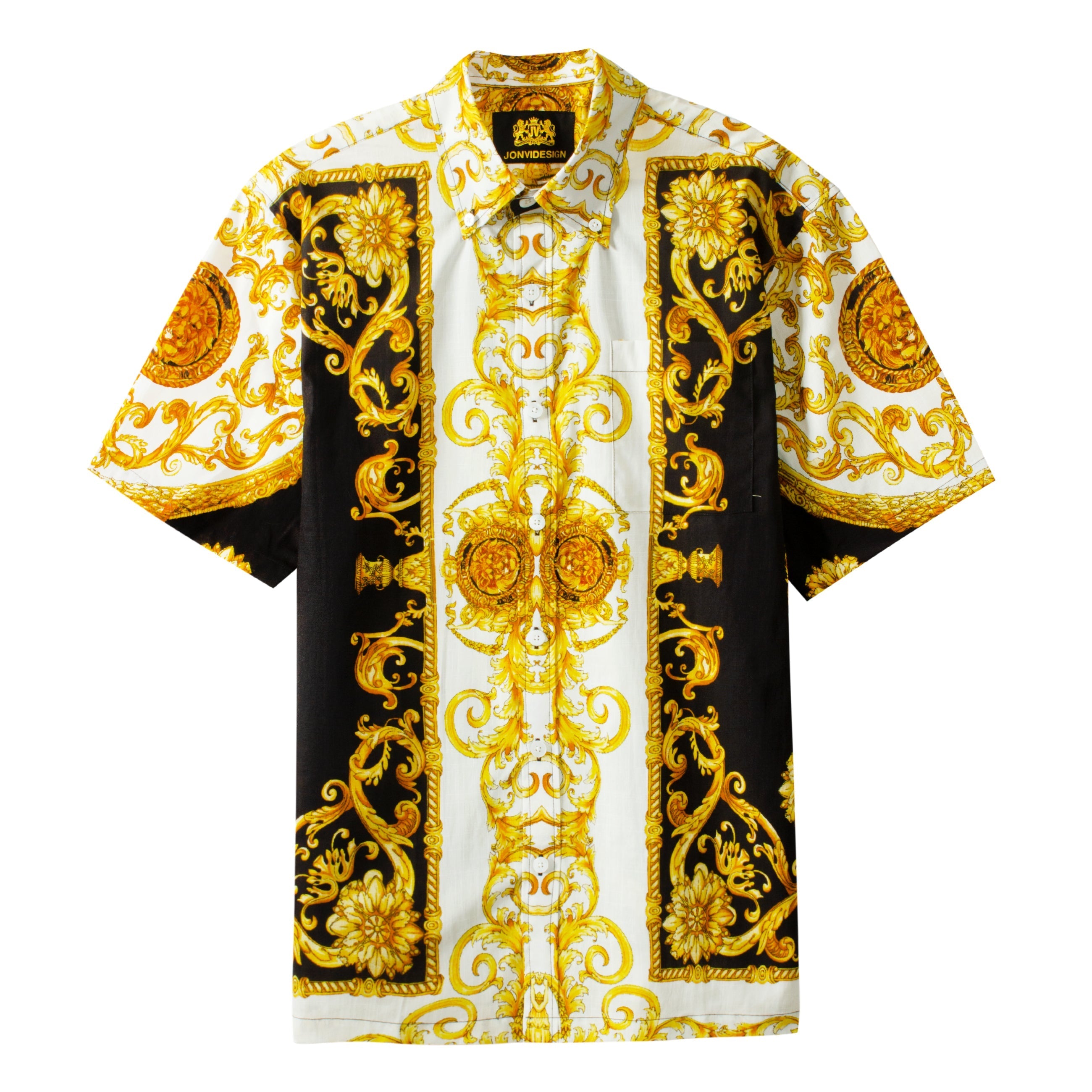 Golden Baroque Pattern Short Sleeve Shirt for Men Jonvidesign