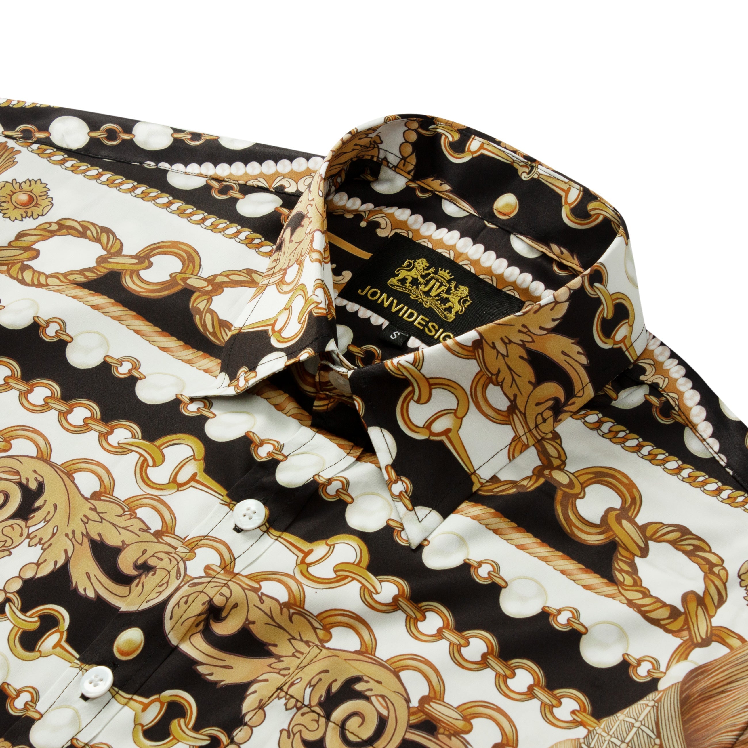Golden Baroque Short Sleeve Shirt with Chain Accents Jonvidesign