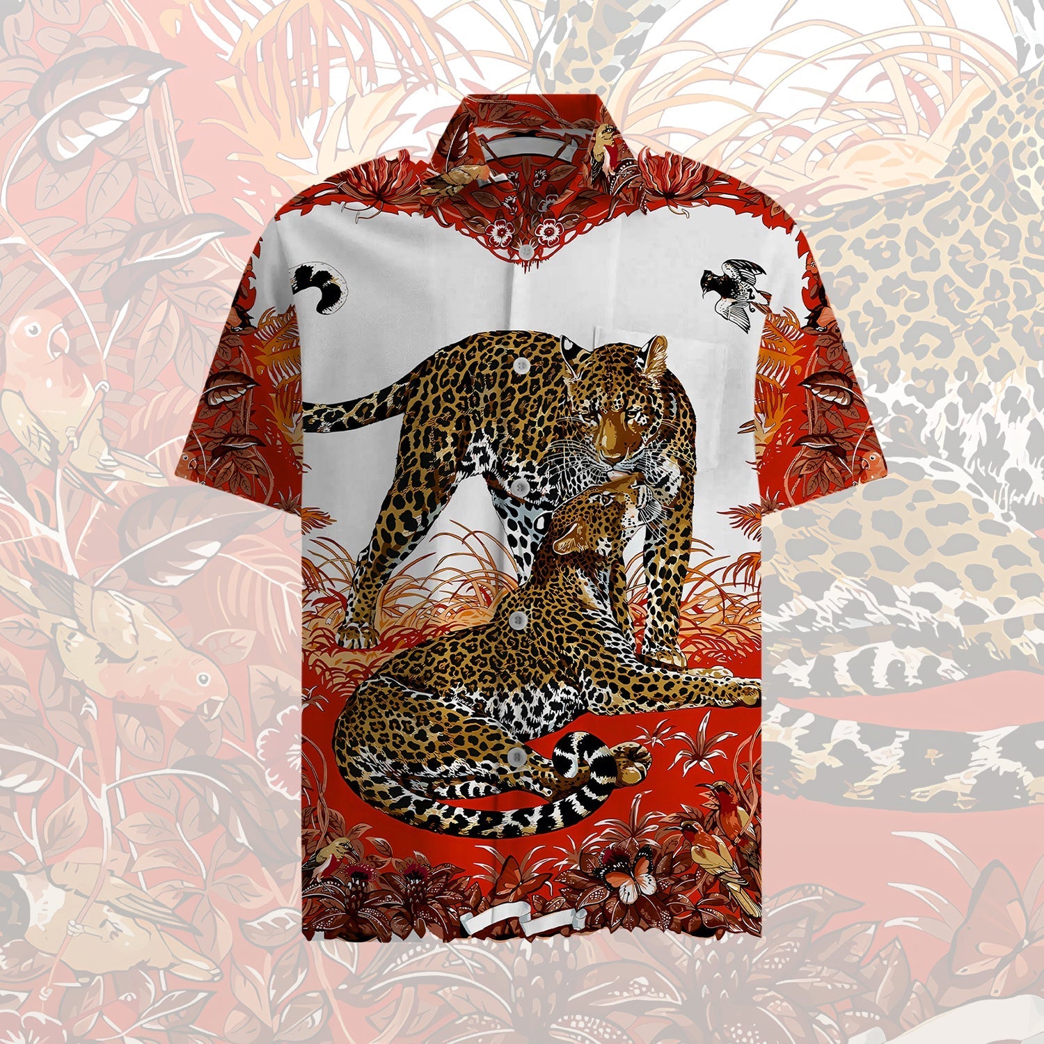 Leopard Design Short Sleeve Shirt in Red Jonvidesign