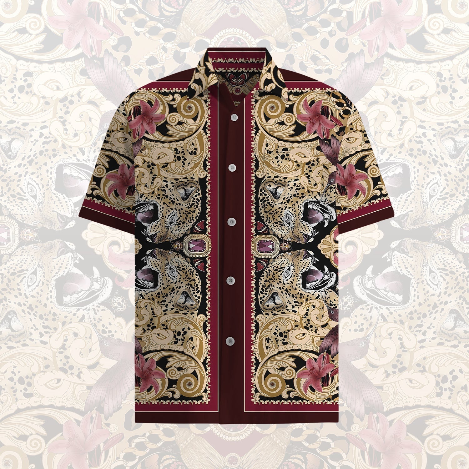 Nature Print Short Sleeve Shirt with Leopard Print Accents Jonvidesign