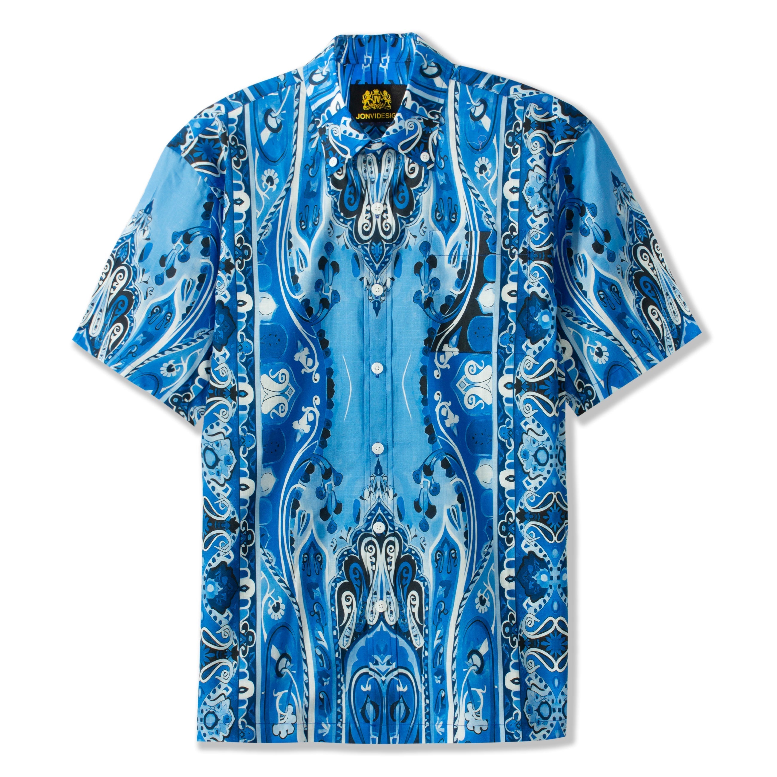 Tropical Style Paisley Print Short Sleeve Shirt in Blue Jonvidesign