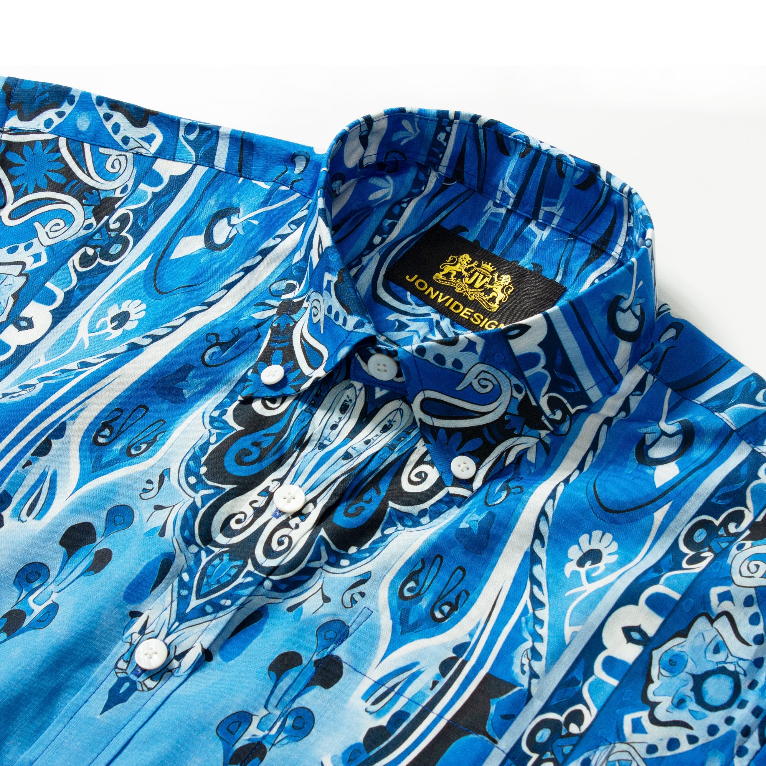 Tropical Style Paisley Print Short Sleeve Shirt in Blue Jonvidesign