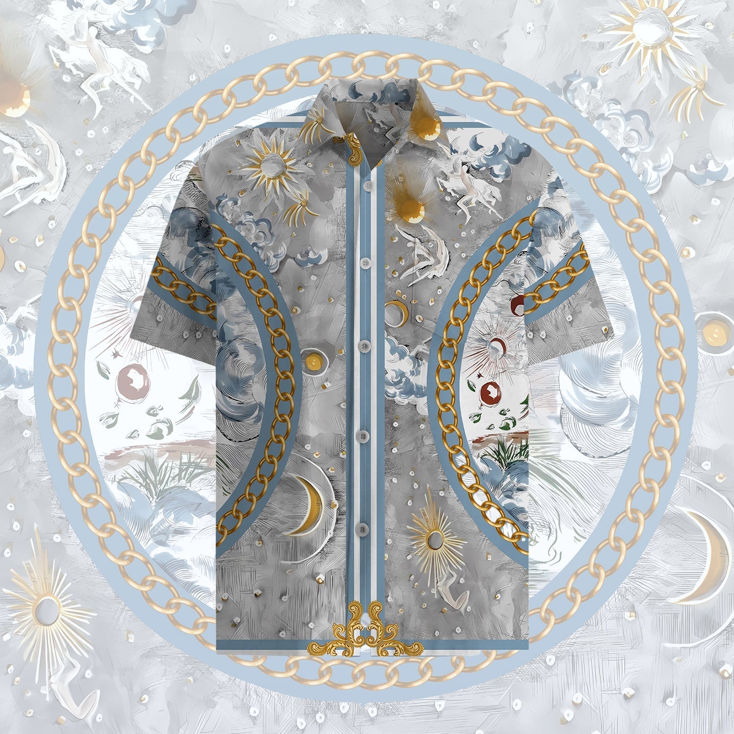 Unique Design Short Sleeve Shirt in Gray with Chain Accent Jonvidesign