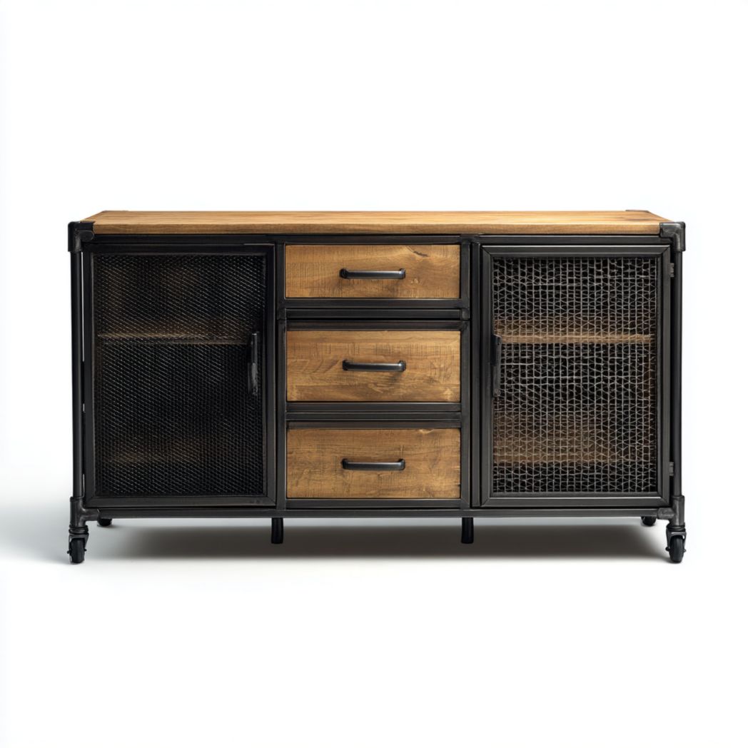 Buffet en bois et métal avec tiroirs et portes grillagées-LETTO FURNITURE