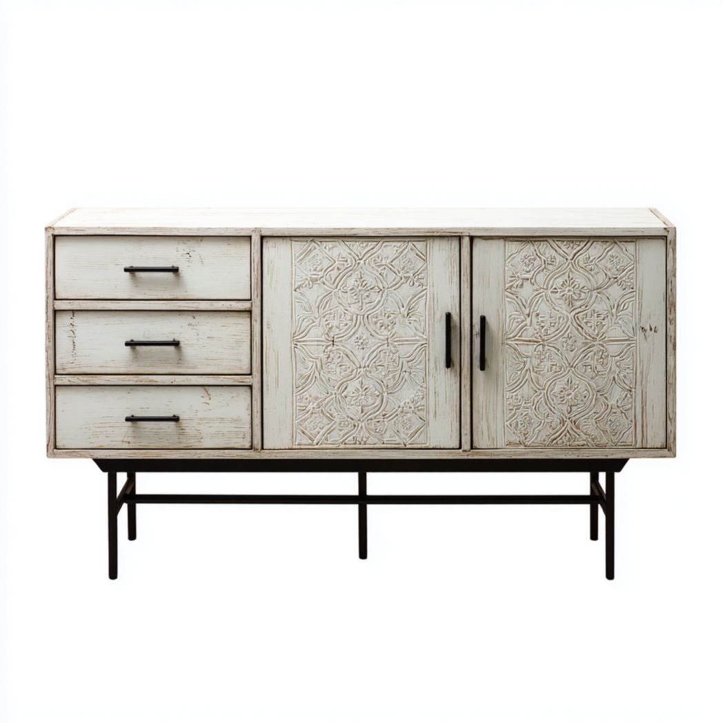 Buffet en bois avec portes décorées et pieds métalliques-LETTO FURNITURE
