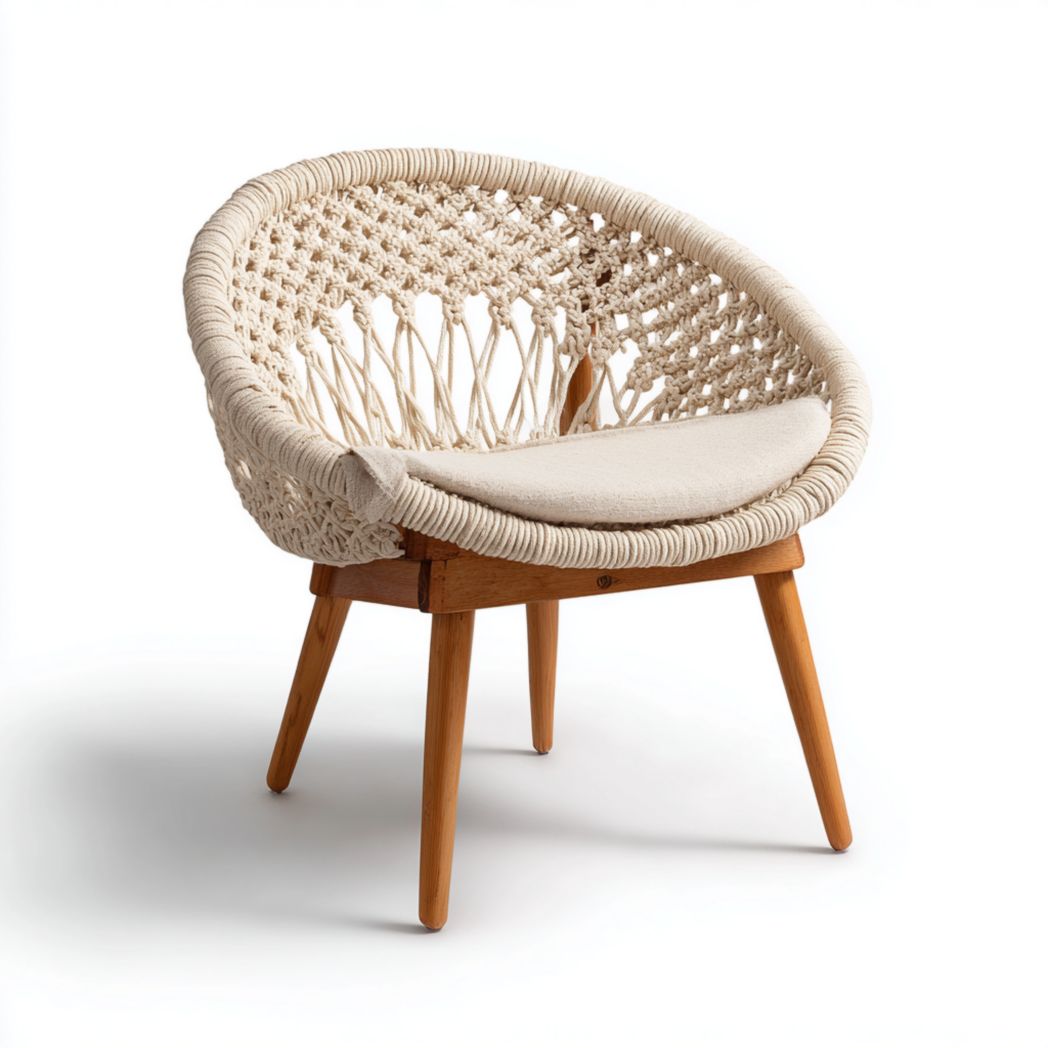 Fauteuil tressé en macramé avec coussin et cadre en bois-LETTO FURNITURE