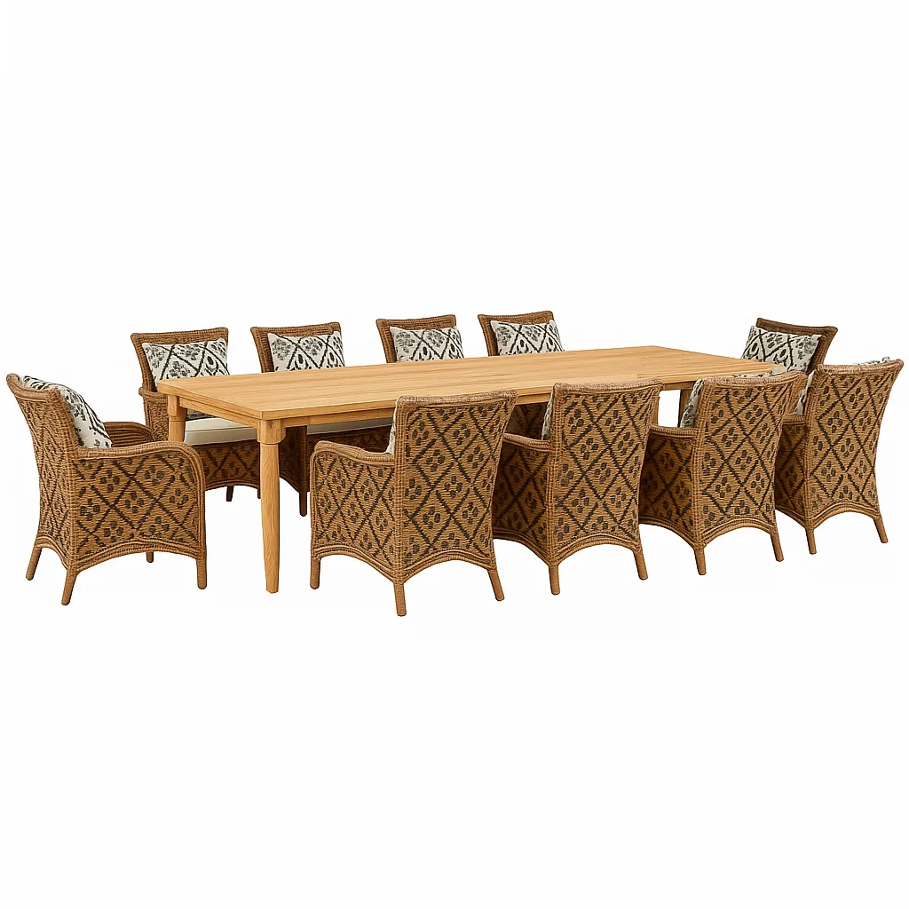 Set da pranzo da esterno rettangolare in legno e rattan con 10 sedie