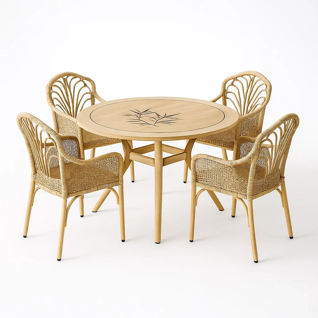 Set da pranzo da esterno con tavolo rotondo e sedie in legno e rattan
