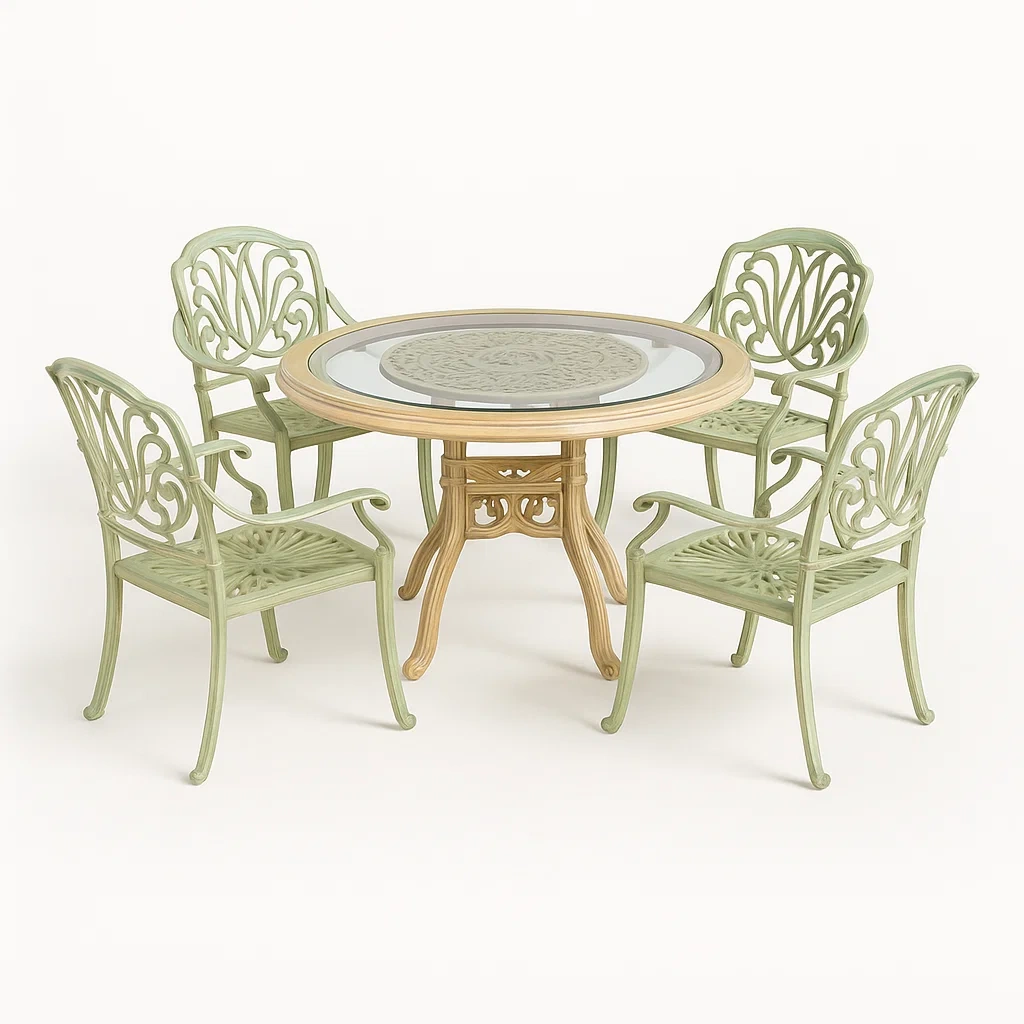 Set da pranzo da esterno con tavolo rotondo in vetro temperato e alluminio con 4 sedie verdi