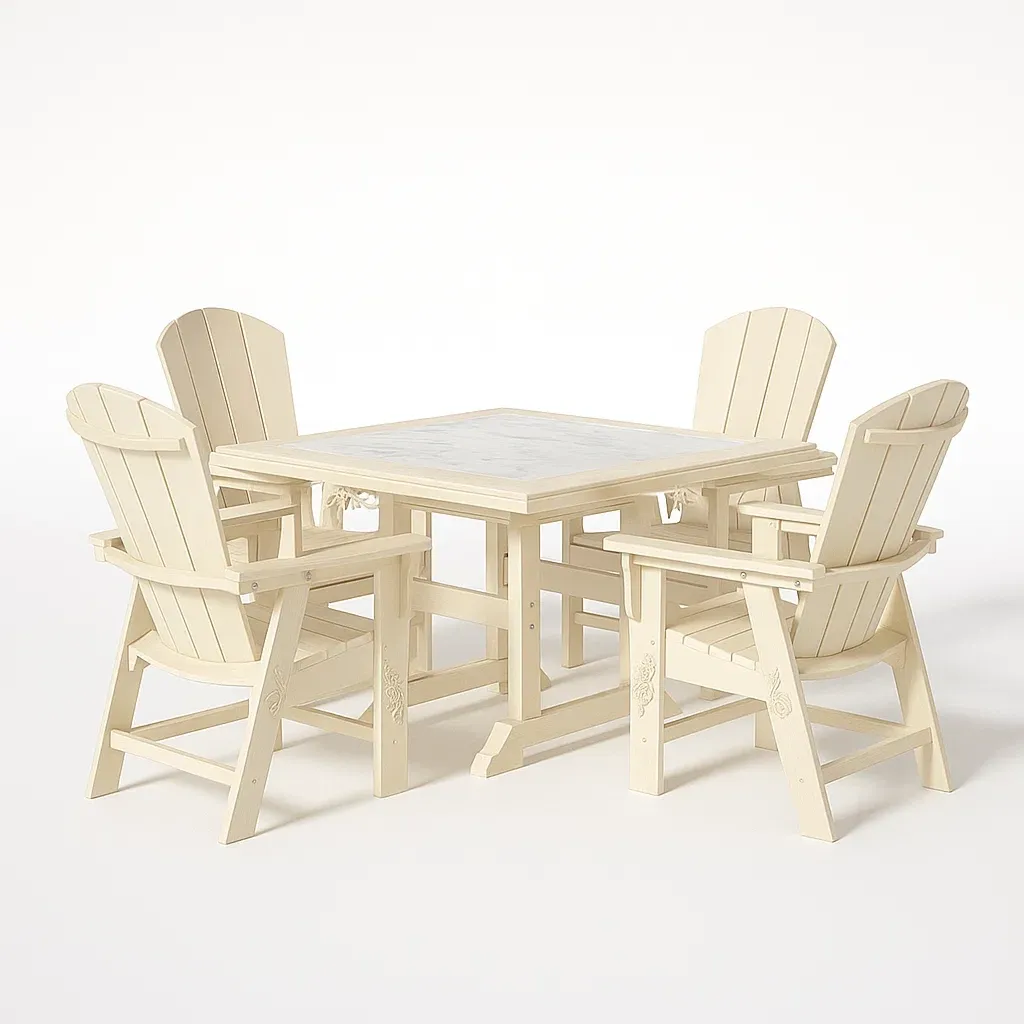 Set da pranzo da esterno con tavolo quadrato e 4 sedie in legno crema