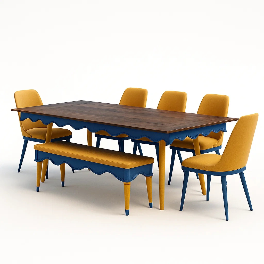 Set da pranzo da interni rettangolare in legno con sedie imbottite gialle e blu, 5 sedie e 1 panchetta