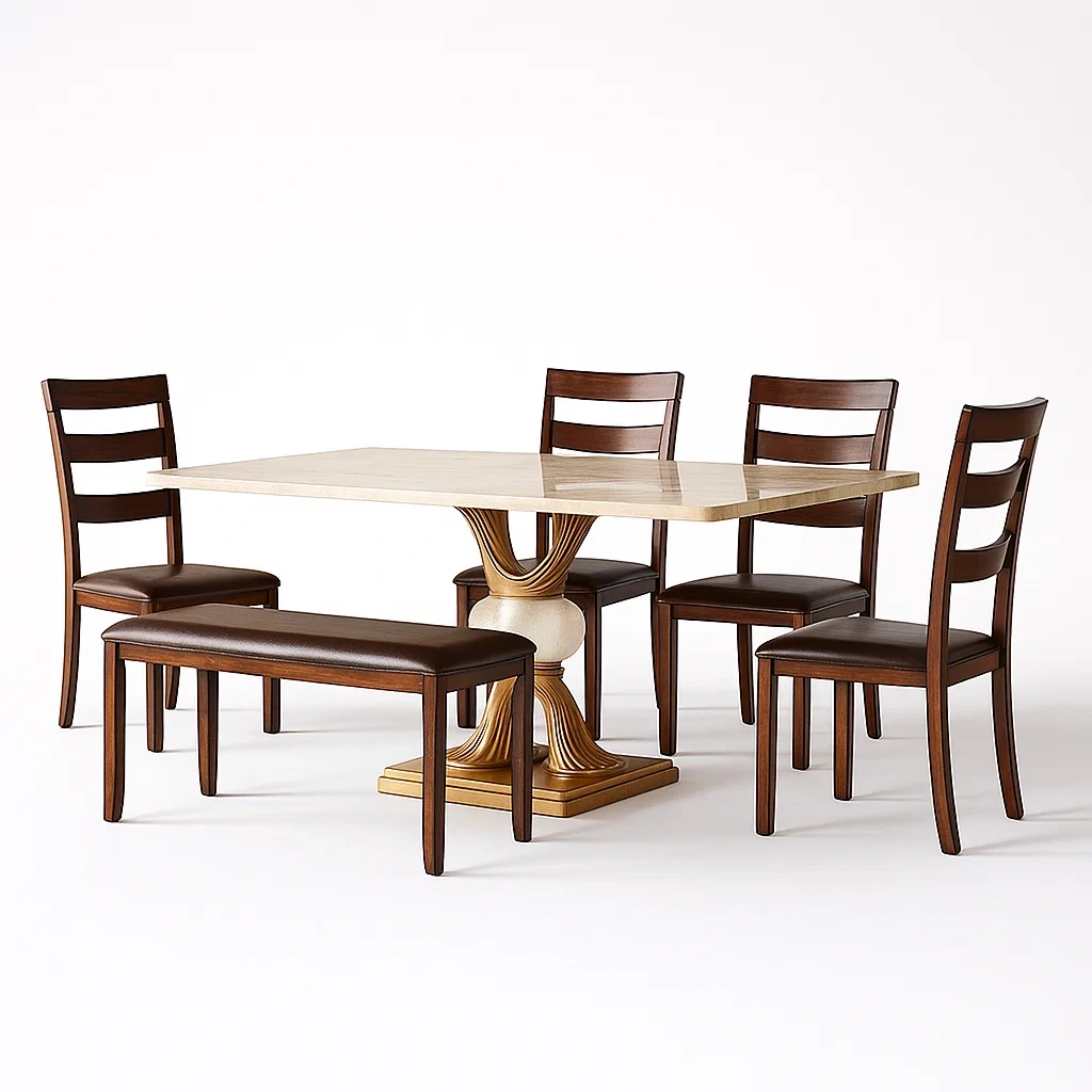 Set da pranzo da interni rettangolare in marmo con 4 sedie e panca in legno