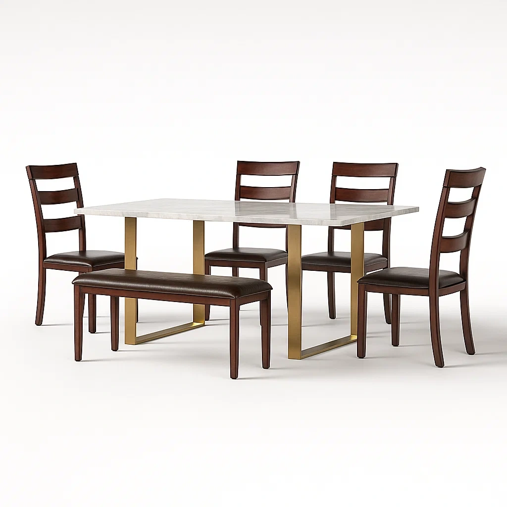 Set da pranzo da interni in marmo e legno con sedie e panca