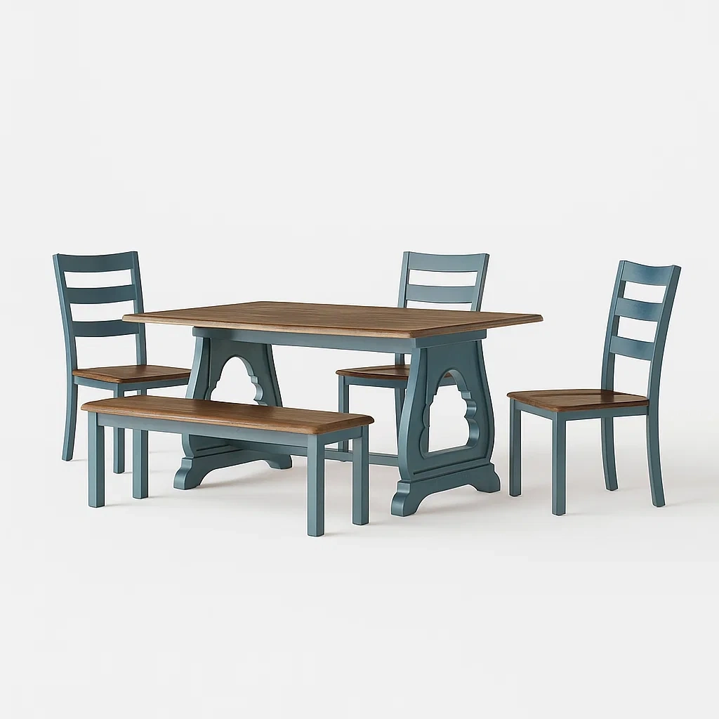 Set da pranzo da interni in legno e MDF blu con 3 sedie e 1 panca