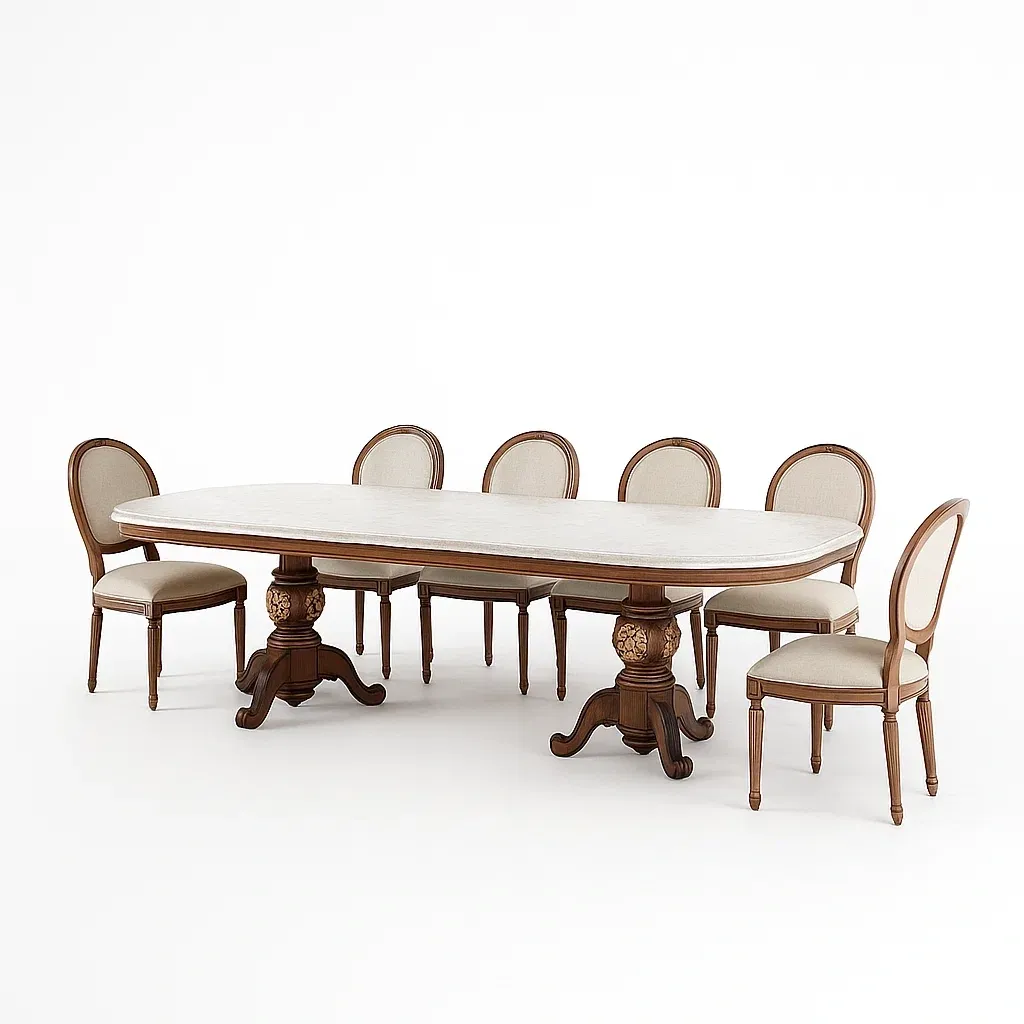 Set da pranzo da interni rettangolare in legno e tessuto con 6 sedie beige