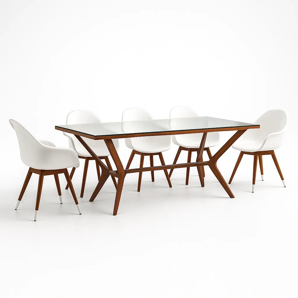 Set da pranzo da interni in vetro temperato con sedie in legno e polipropilene, 6 pezzi