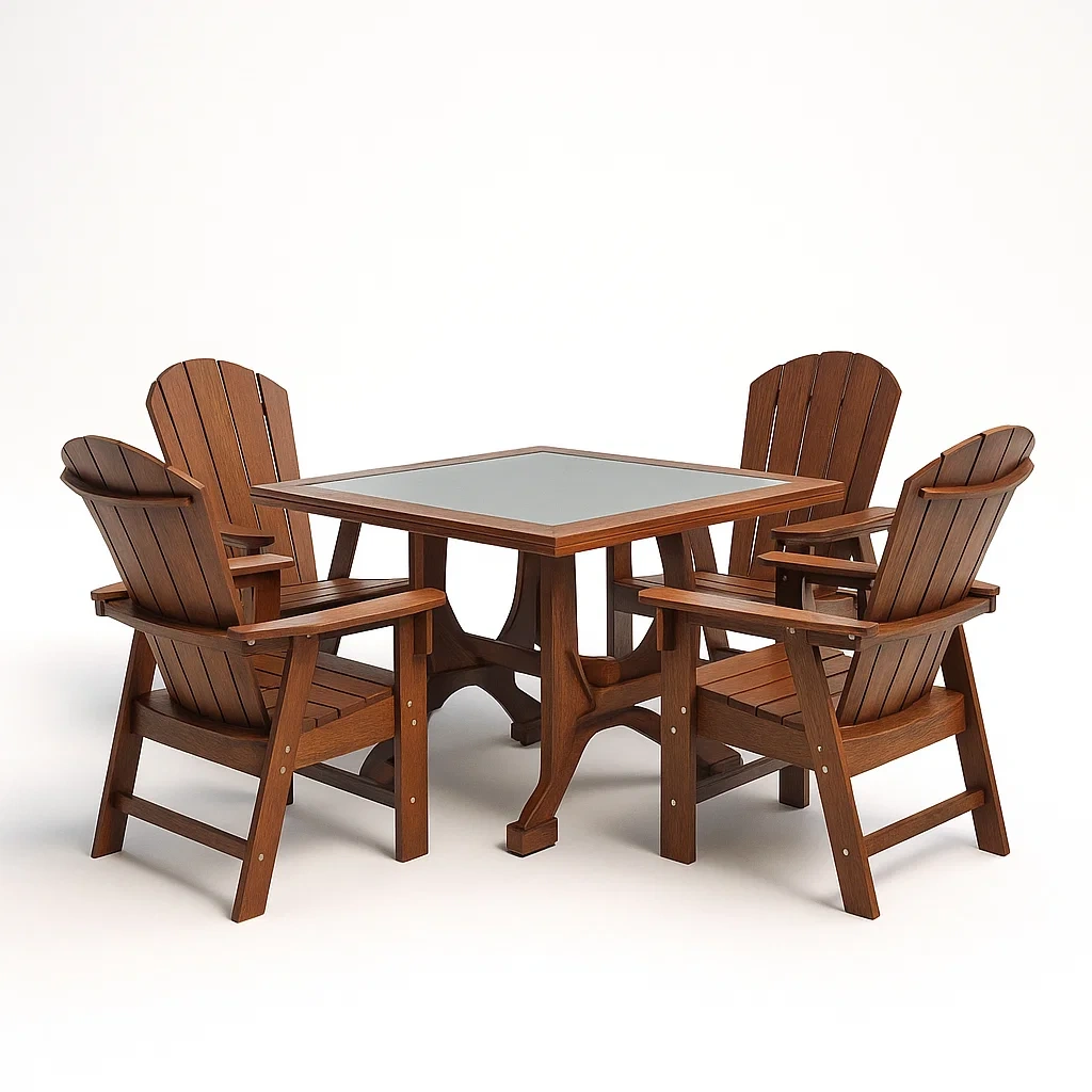 Set da pranzo da esterno in legno con tavolo quadrato e sedie