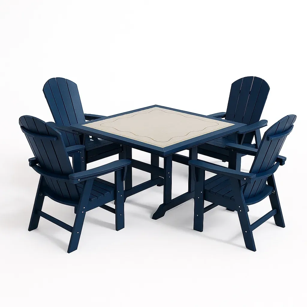 Set da pranzo da esterno in plastica blu e beige con tavolo quadrato e 4 sedie