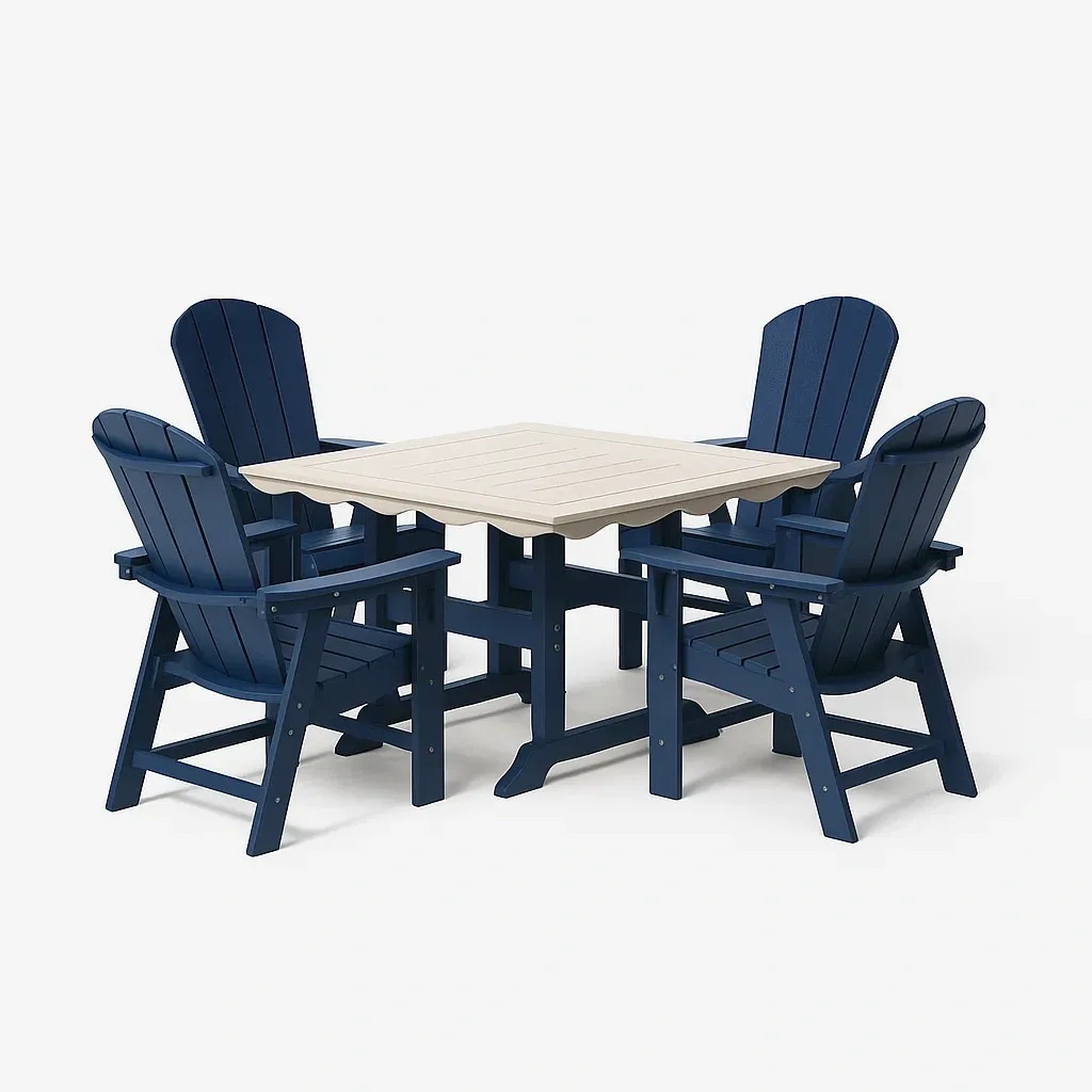 Set da pranzo da esterno in plastica con sedie blu e tavolo beige