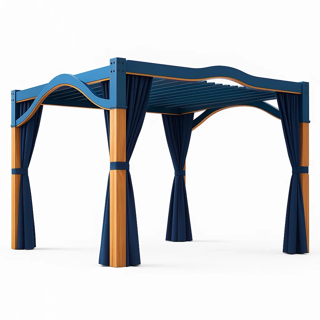 Tettoie da giardino in legno e metallo con tende blu e elementi marroni