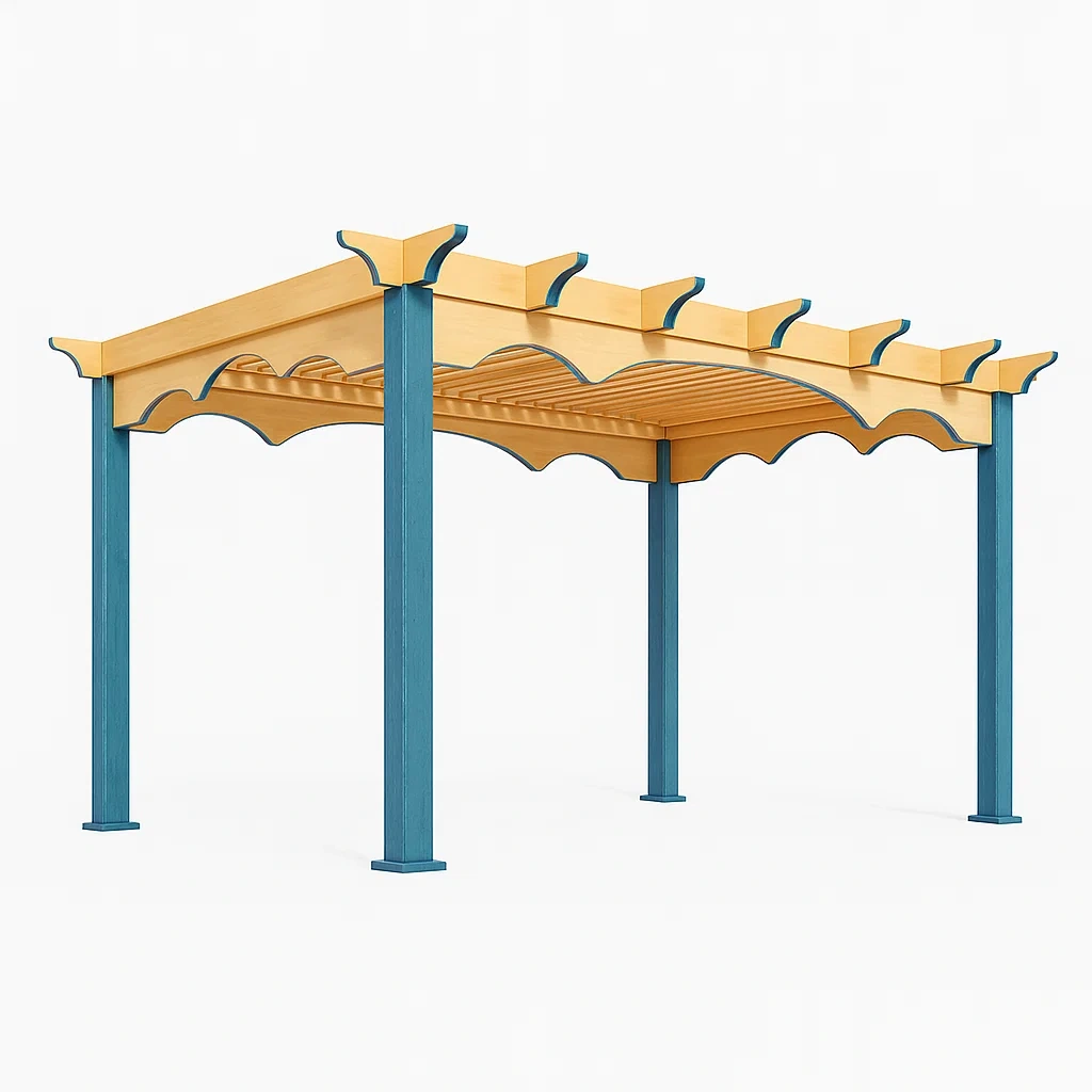 Tettoie da giardino in legno e metallo con dettagli blu