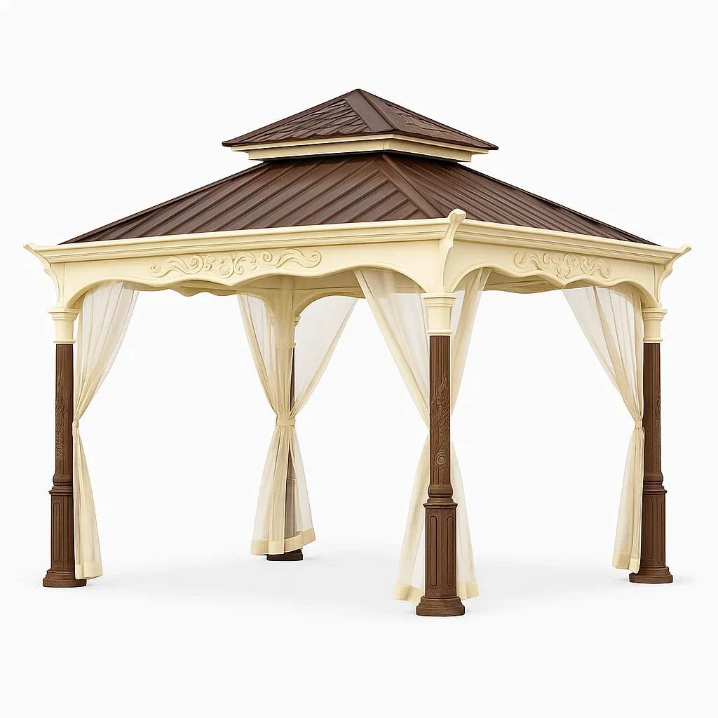 Gazebo da Giardino in Alluminio Beige Marrone con Tetto a Due Livelli