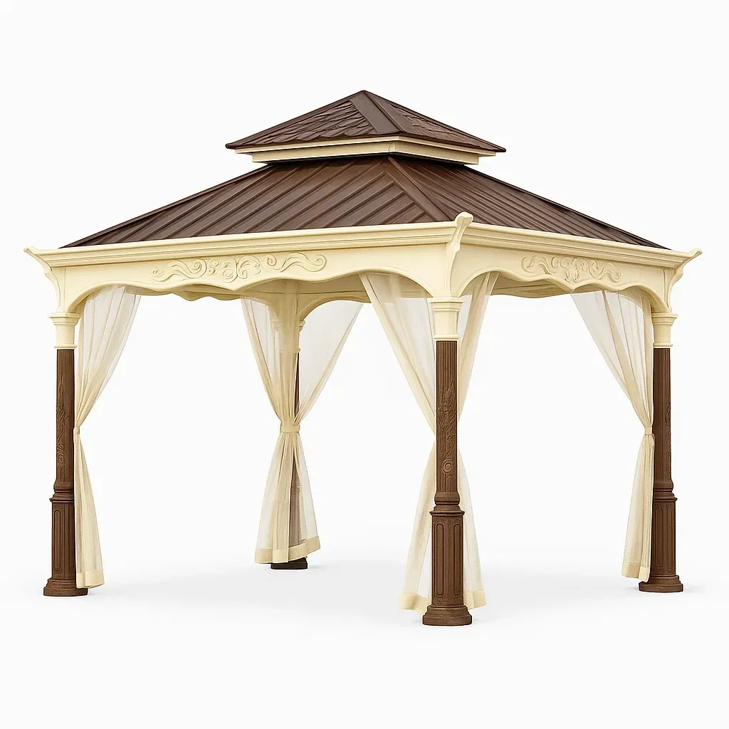 Gazebo da Giardino in Alluminio Beige Marrone con Tetto a Due Livelli