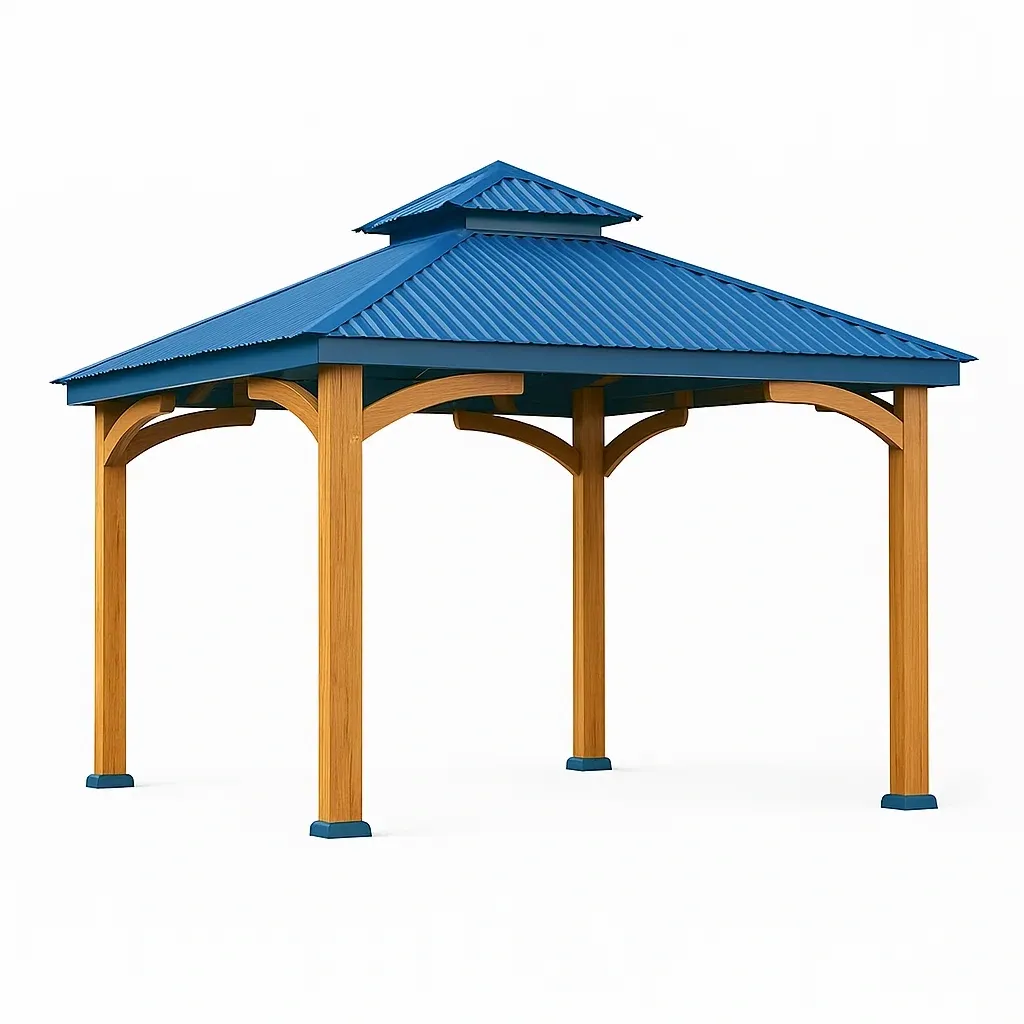 Gazebo in Legno 3x3 m con Tetto Metallico Blu