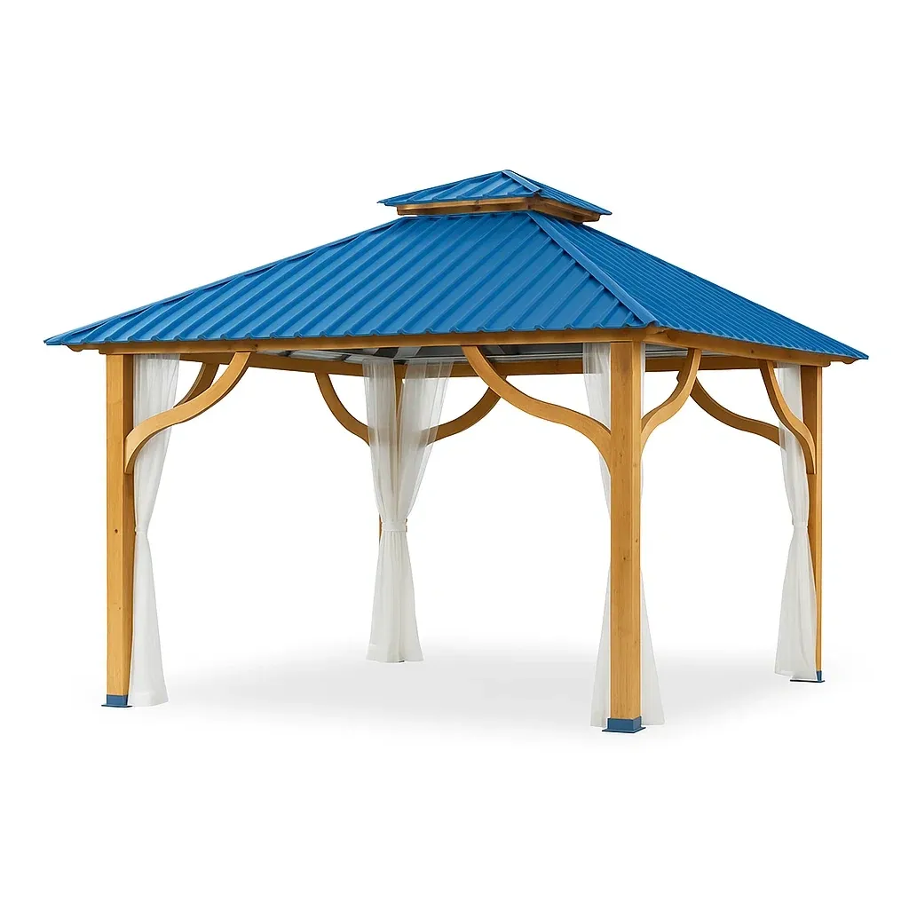 Gazebo in Legno con Tetto in Acciaio Blu 300x300 cm