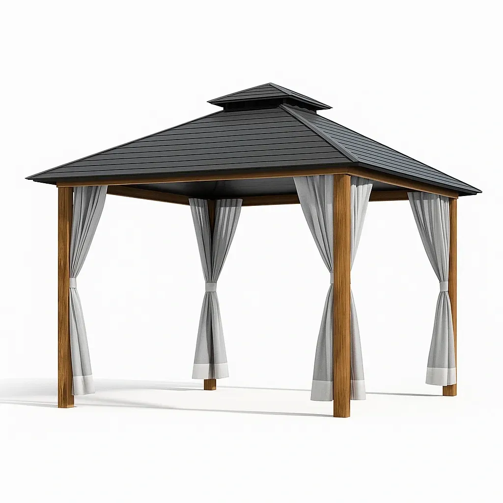 Gazebo in Alluminio con Tetto in Metallo e Tende in Poliestere Grigie