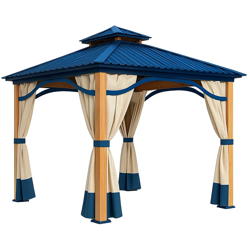 Gazebo da Giardino in Legno e Acciaio con Copertura in Metallo e Tende in Poliestere Beige/Blu