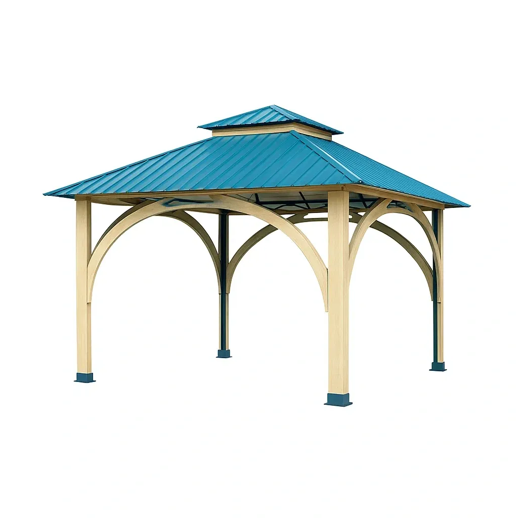 Gazebo in Legno e Acciaio con Tetto in Metallo Blu 300x300 cm