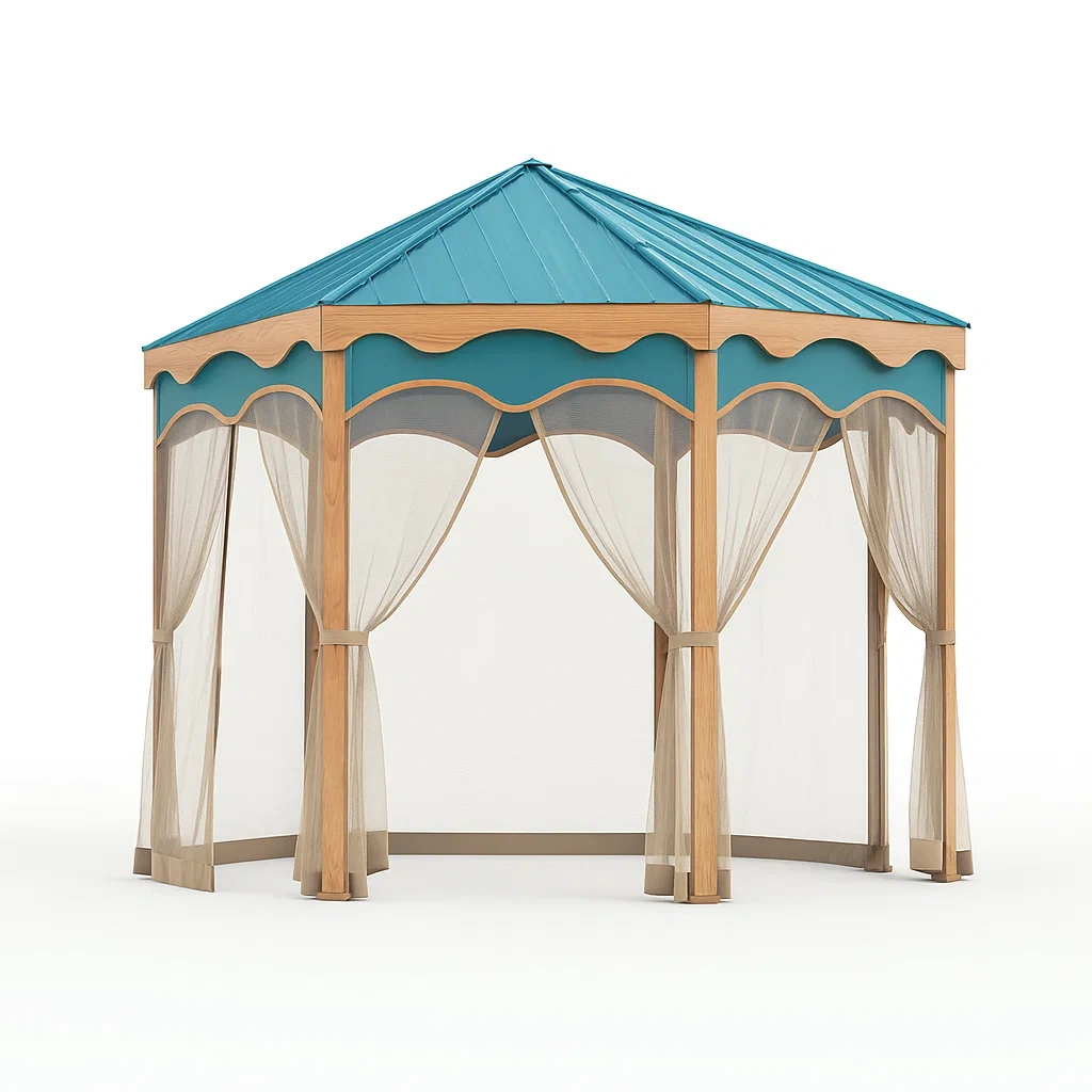 Gazebo Esagonale in Legno e Acciaio con Tetto Turchese e Tende in Poliestere