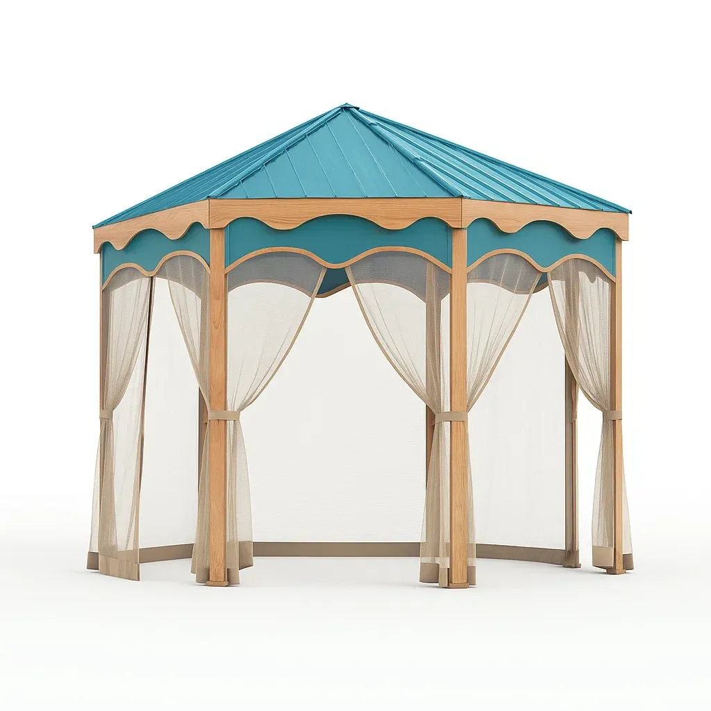 Gazebo Esagonale in Legno e Acciaio con Tetto Turchese e Tende in Poliestere